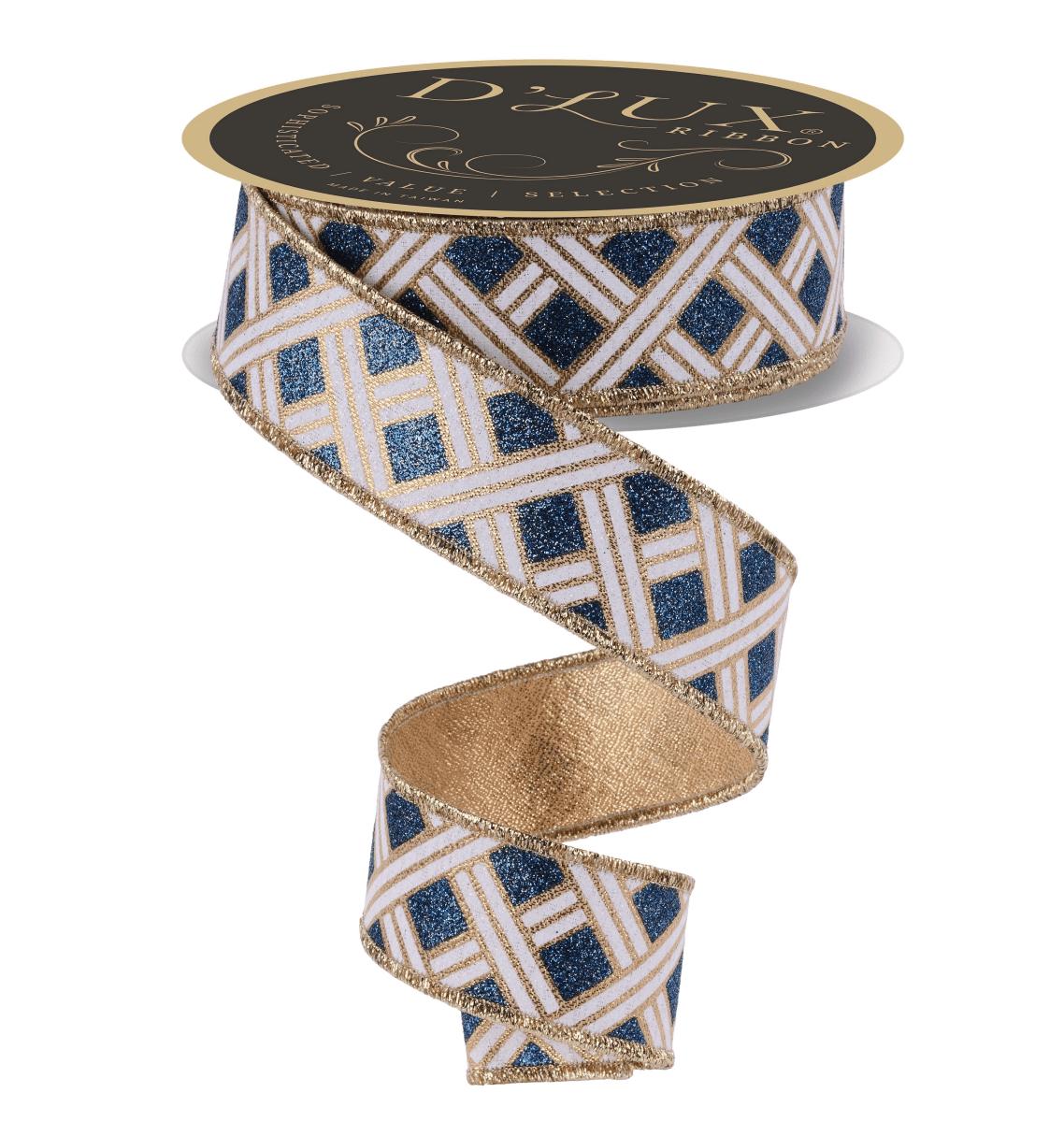 Shop For 1.5in Metallic Basketweave Ribbon: Smoke Blue & Gold (10 Yards)