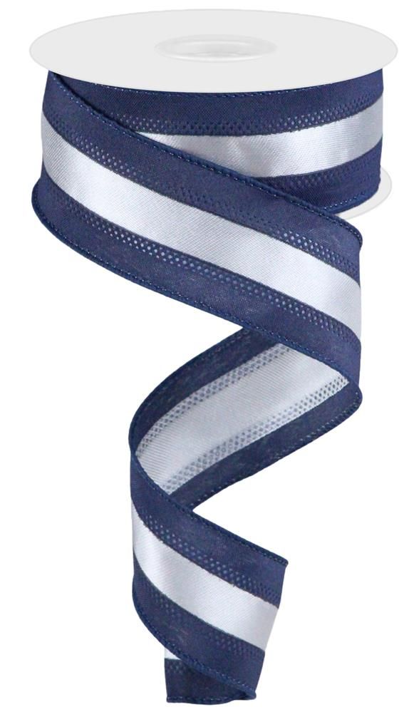 Shop For 1.5in Satin Team Stripe Ribbon: Navy & Grey (10 Yards)