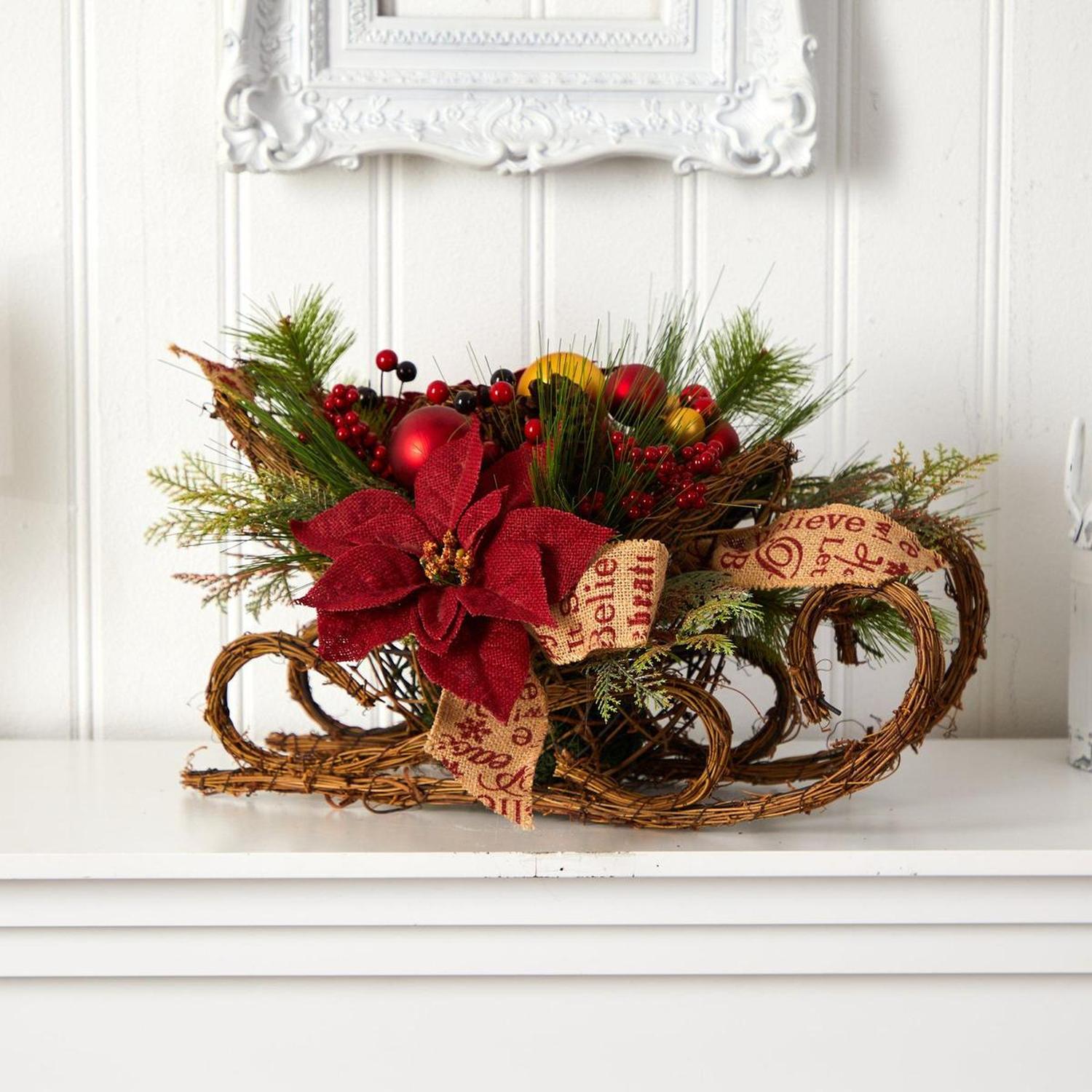 18” Christmas Sleigh with Poinsettia Arrangement