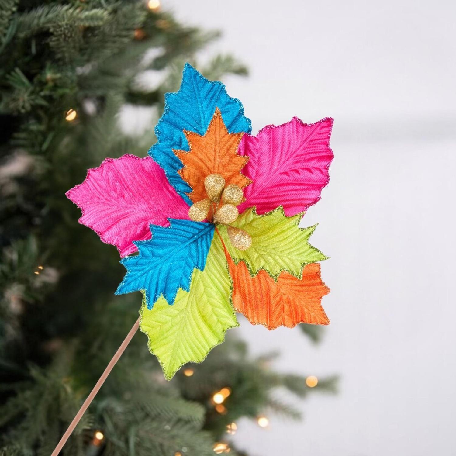 18" Pressed Velvet Poinsettia Stem: Fiesta