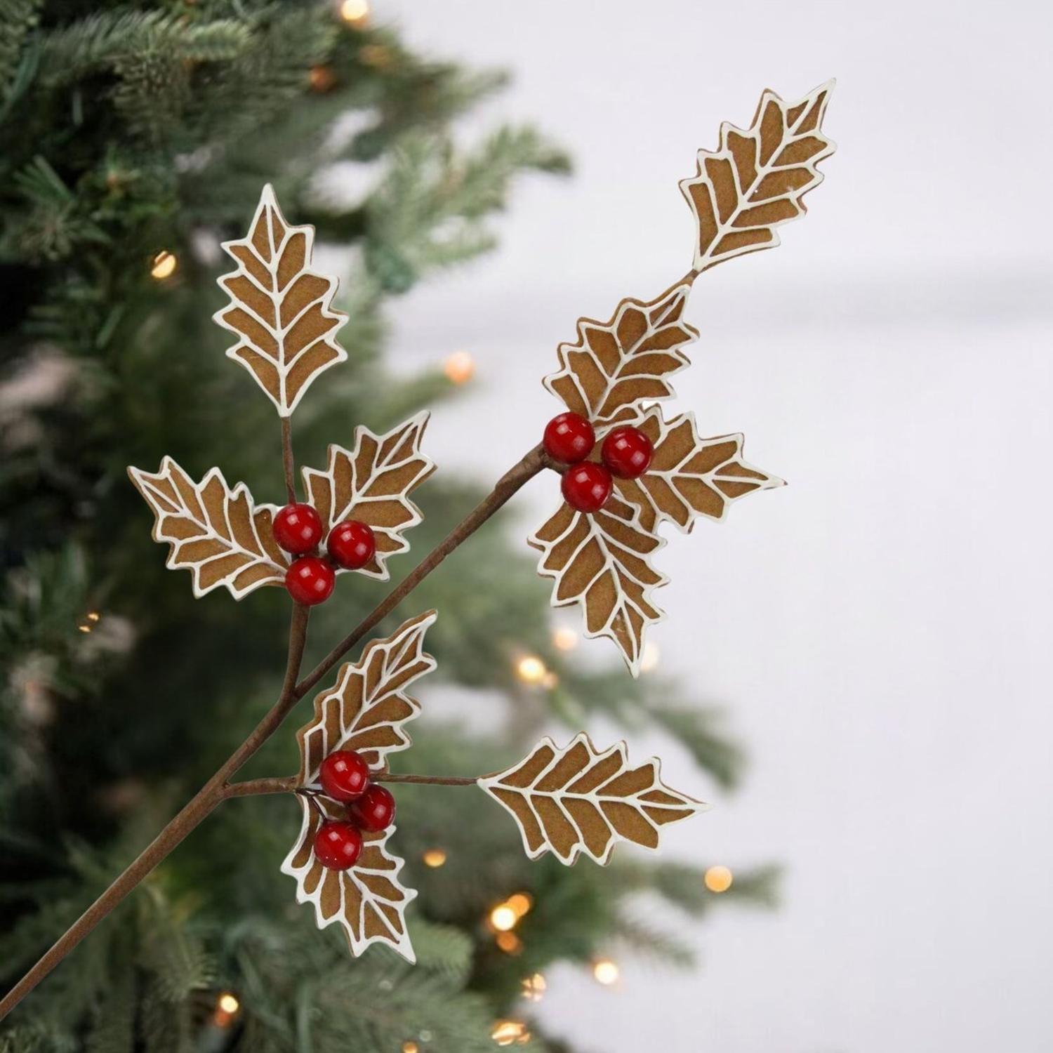19" Gingerbread Holly Leaf Spray