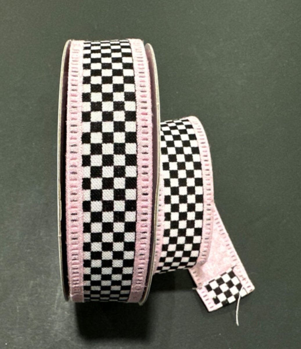Shop For 1in Dupioni Black White Check Ribbon: Pink (10 Yards)