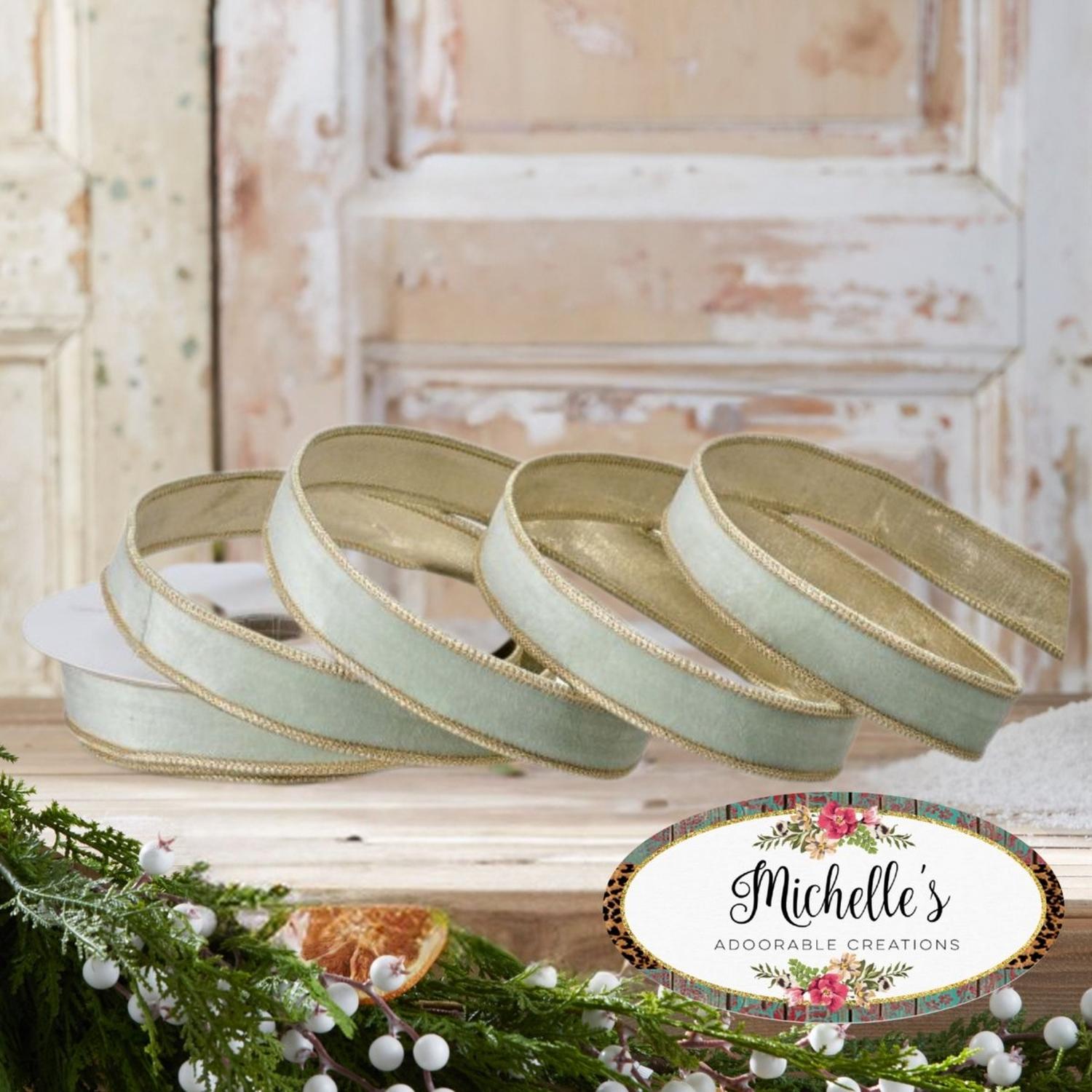 1in Velvet Ribbon with Platinum Edge: Mint Green (10 Yards)