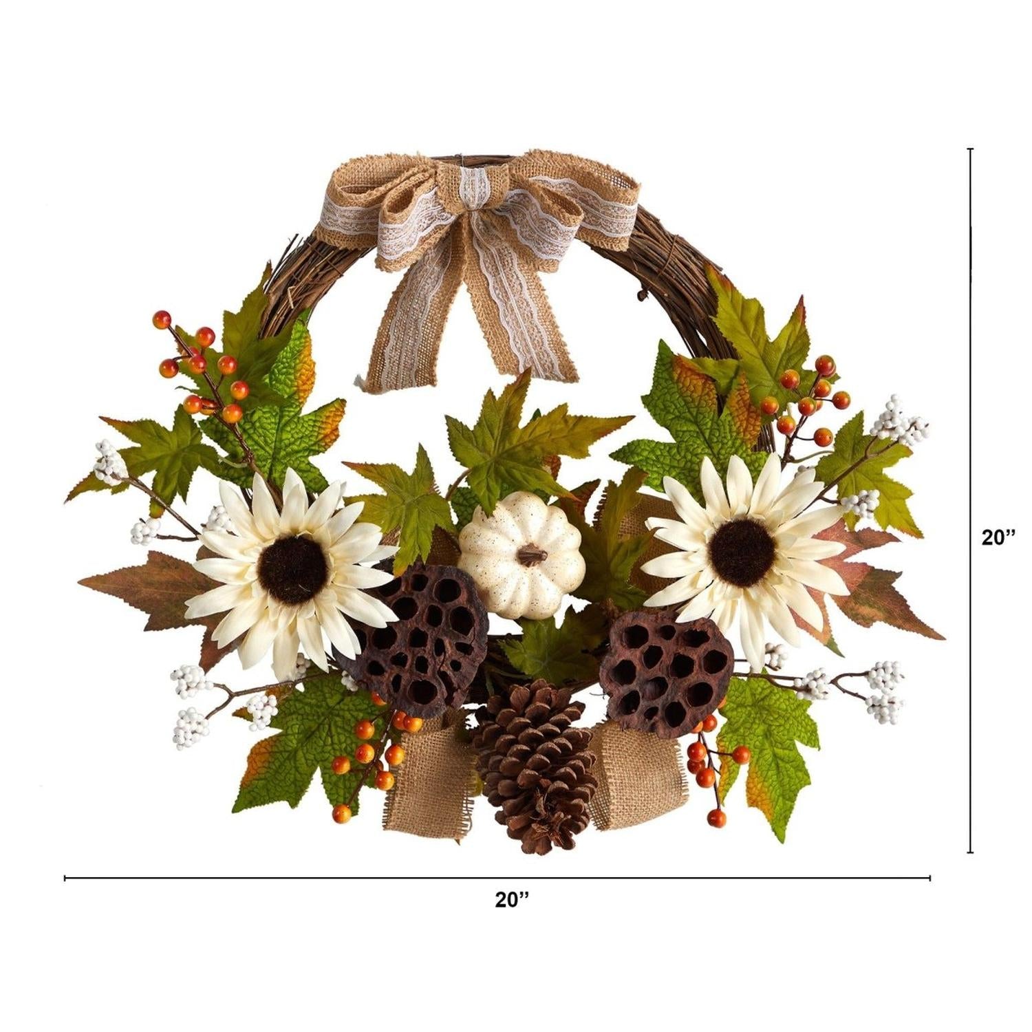 Shop For 20” Autumn Sunflower, White Pumpkin Fall Wreath