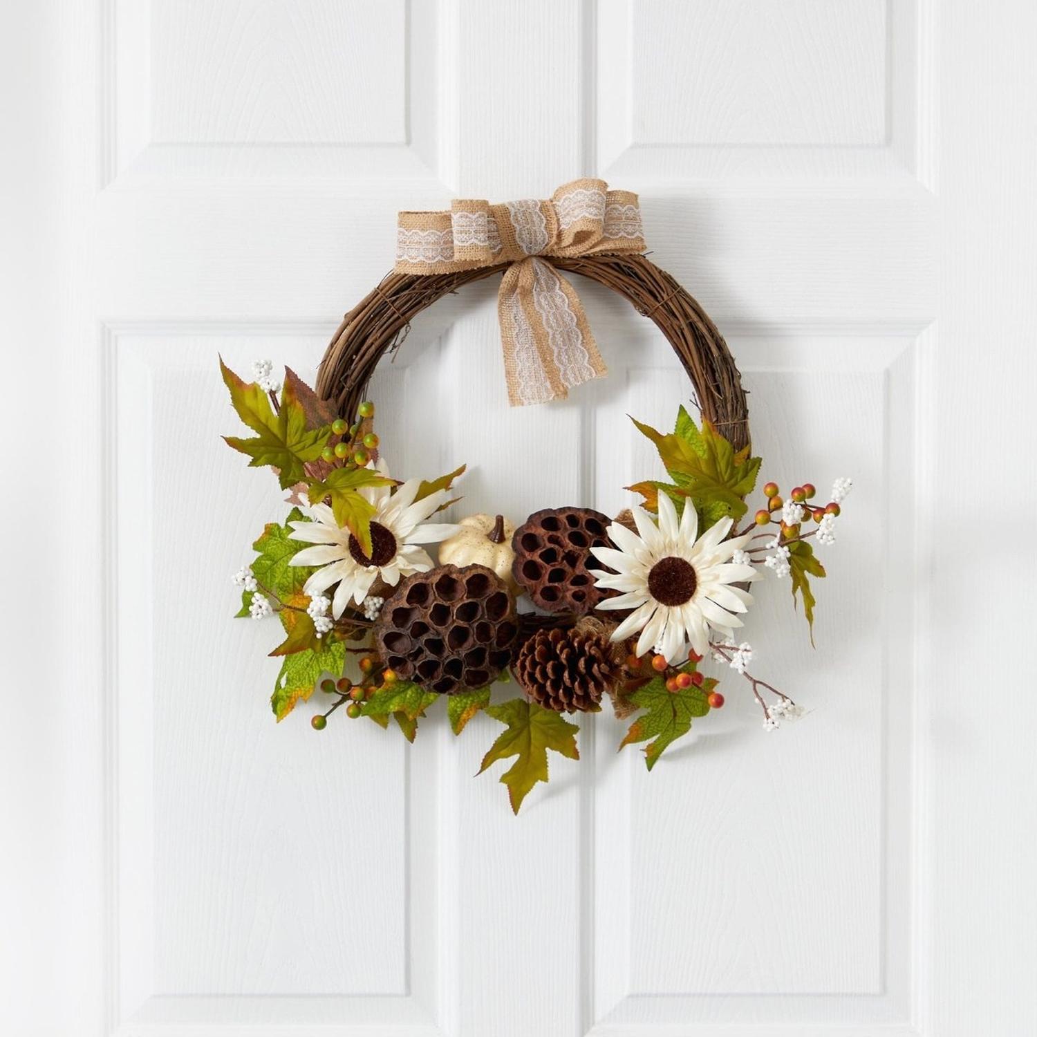 Shop For 20” Autumn Sunflower, White Pumpkin Fall Wreath