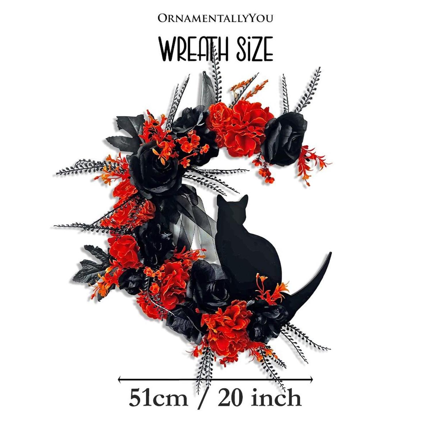 20" Crescent Moon Floral Black Cat Wreath