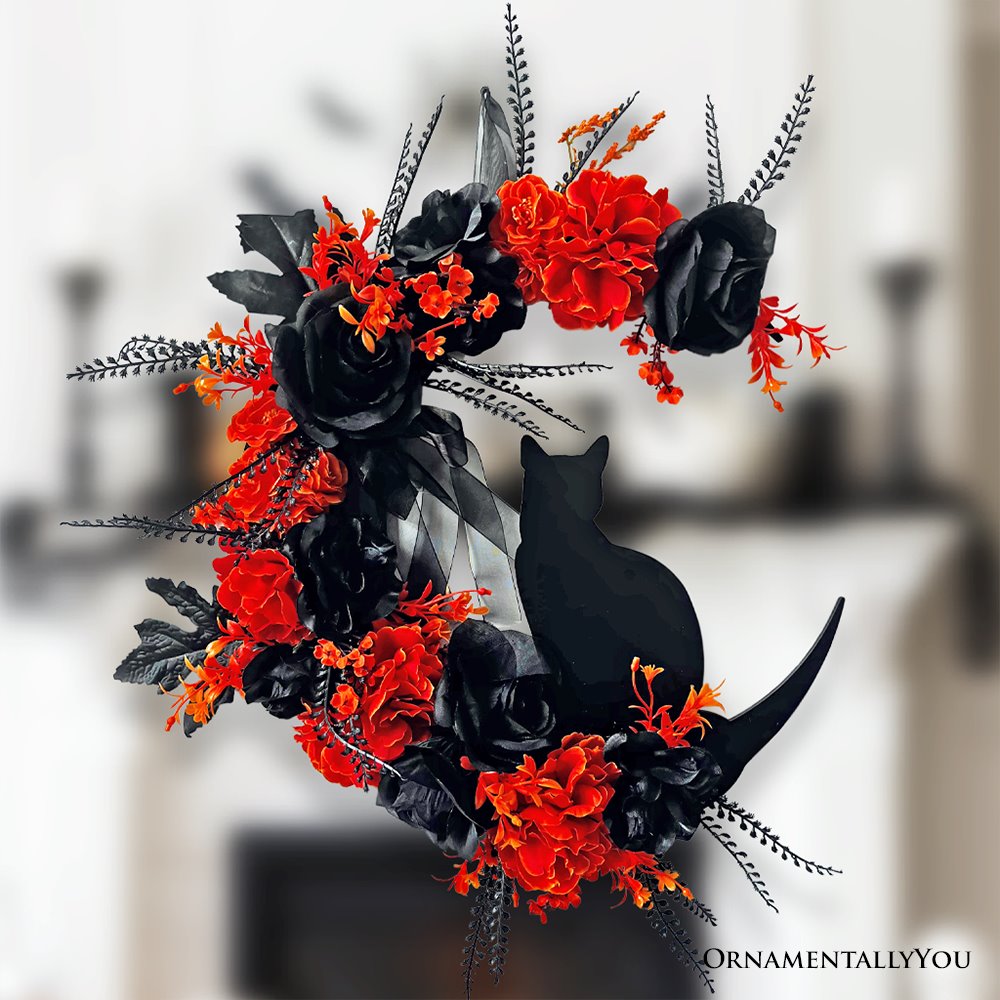 Shop For 20" Crescent Moon Floral Black Cat Door Wreath