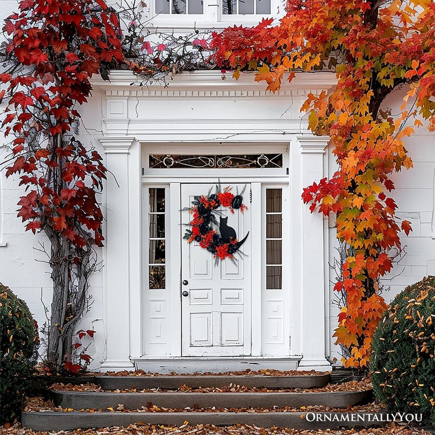 20" Crescent Moon Floral Black Cat Wreath