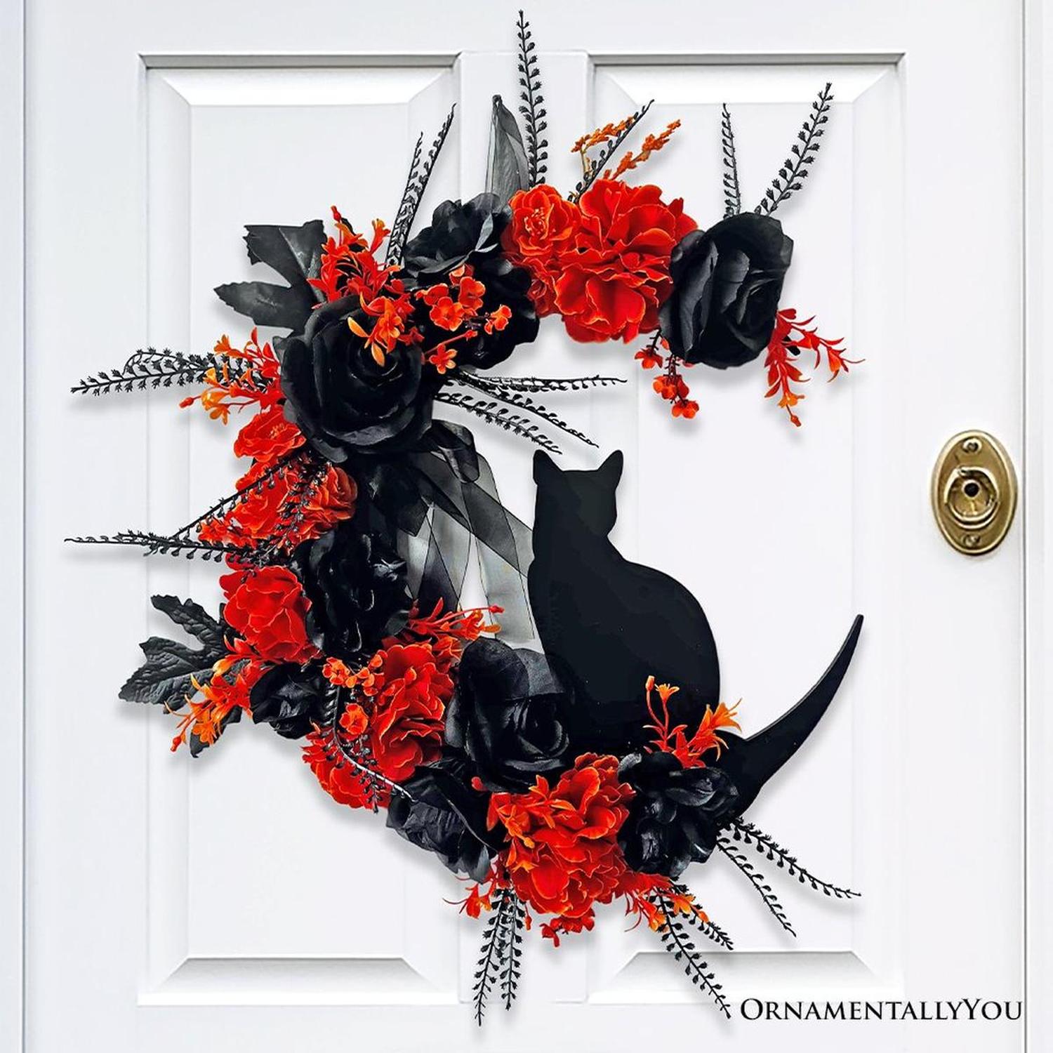 20" Crescent Moon Floral Black Cat Wreath