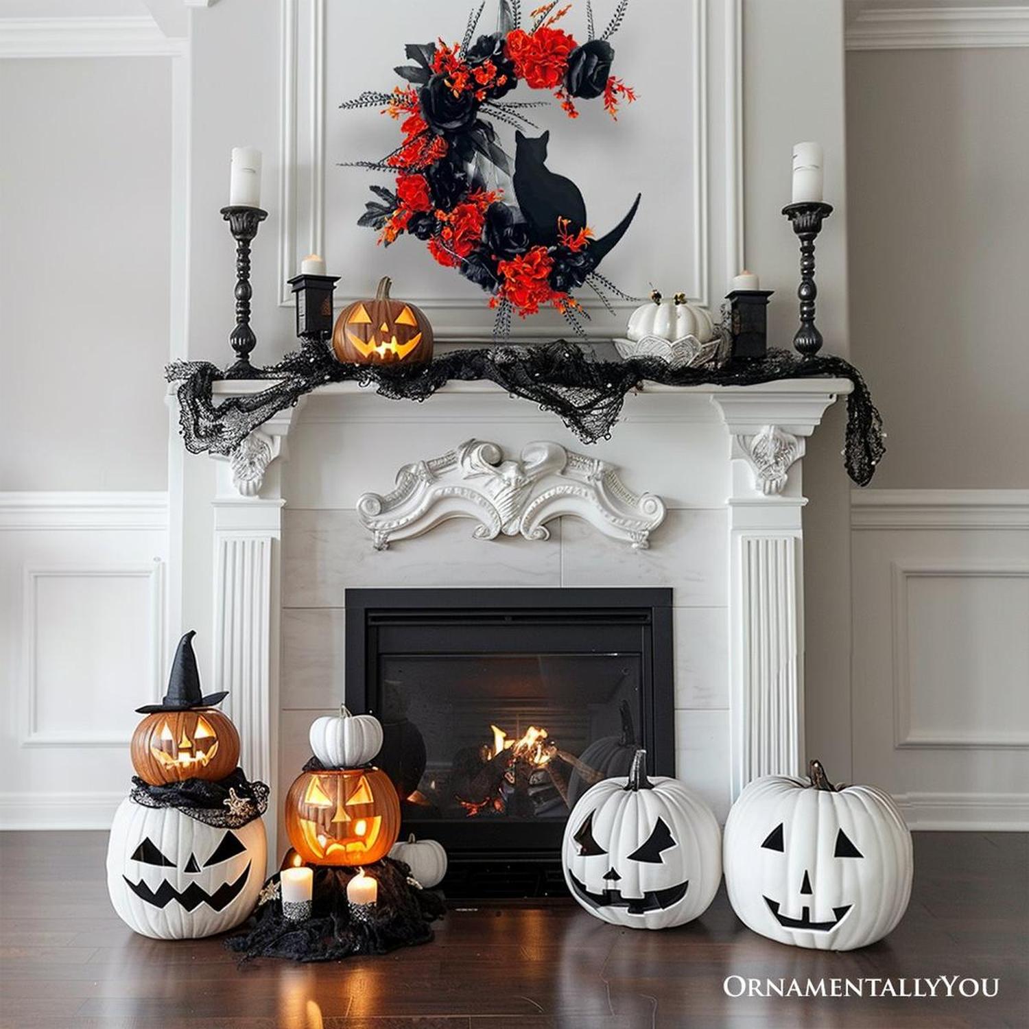 20" Crescent Moon Floral Black Cat Wreath