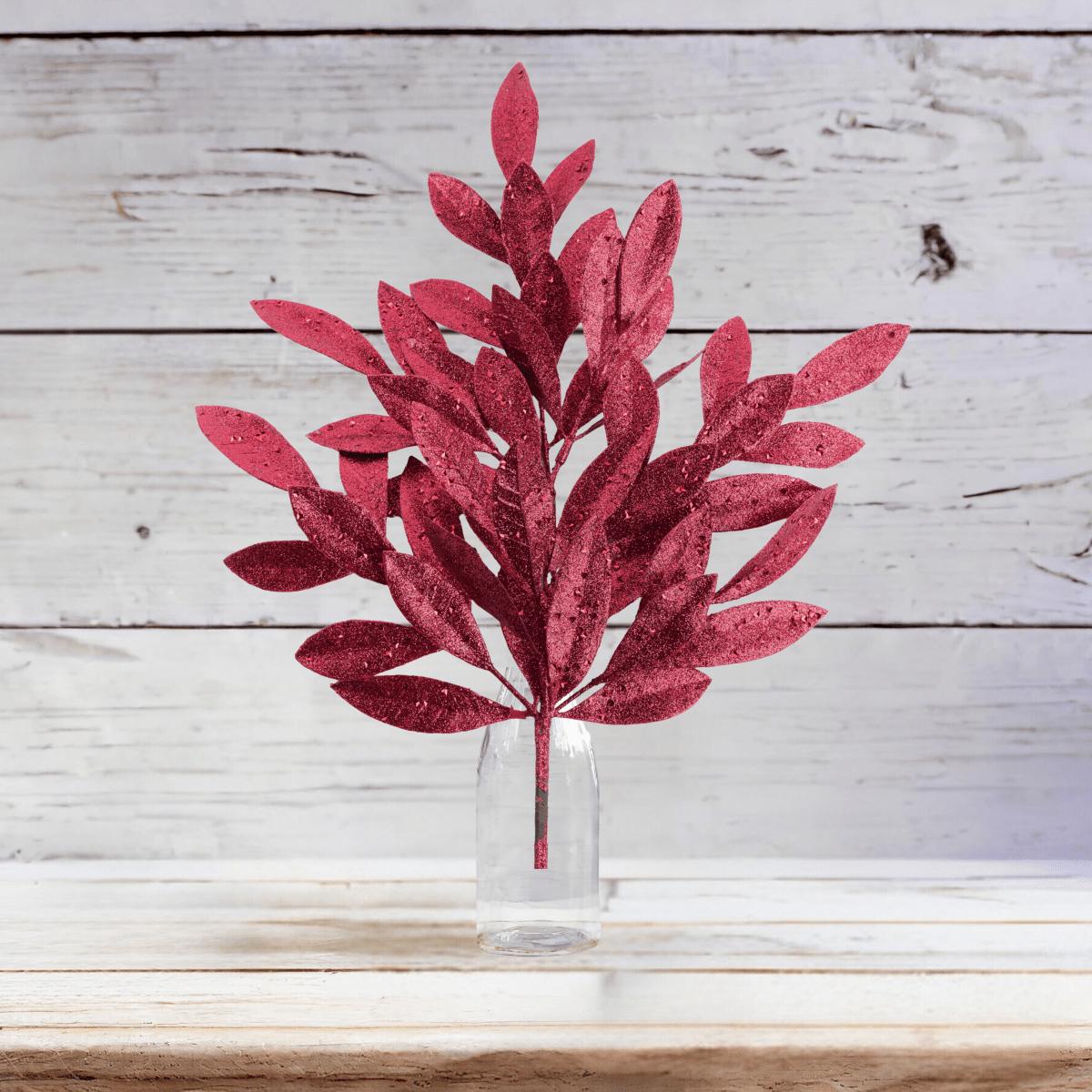 Shop For 23" Glitter Bay Leaf Spray: Burgundy