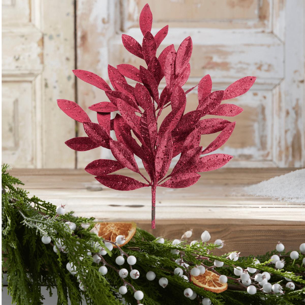 Shop For 23" Glitter Bay Leaf Spray: Burgundy