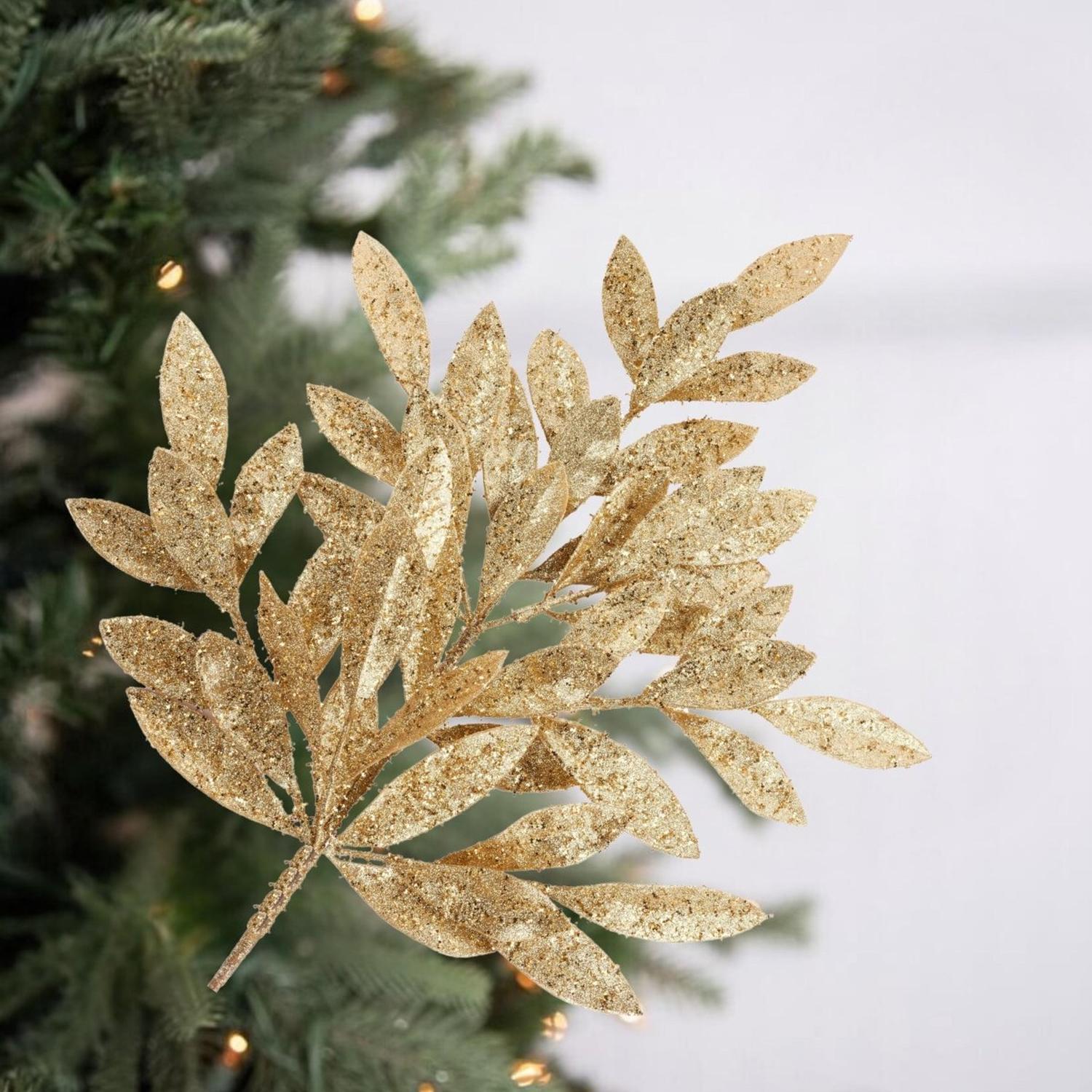 23" Glitter Bay Leaf Spray: Gold