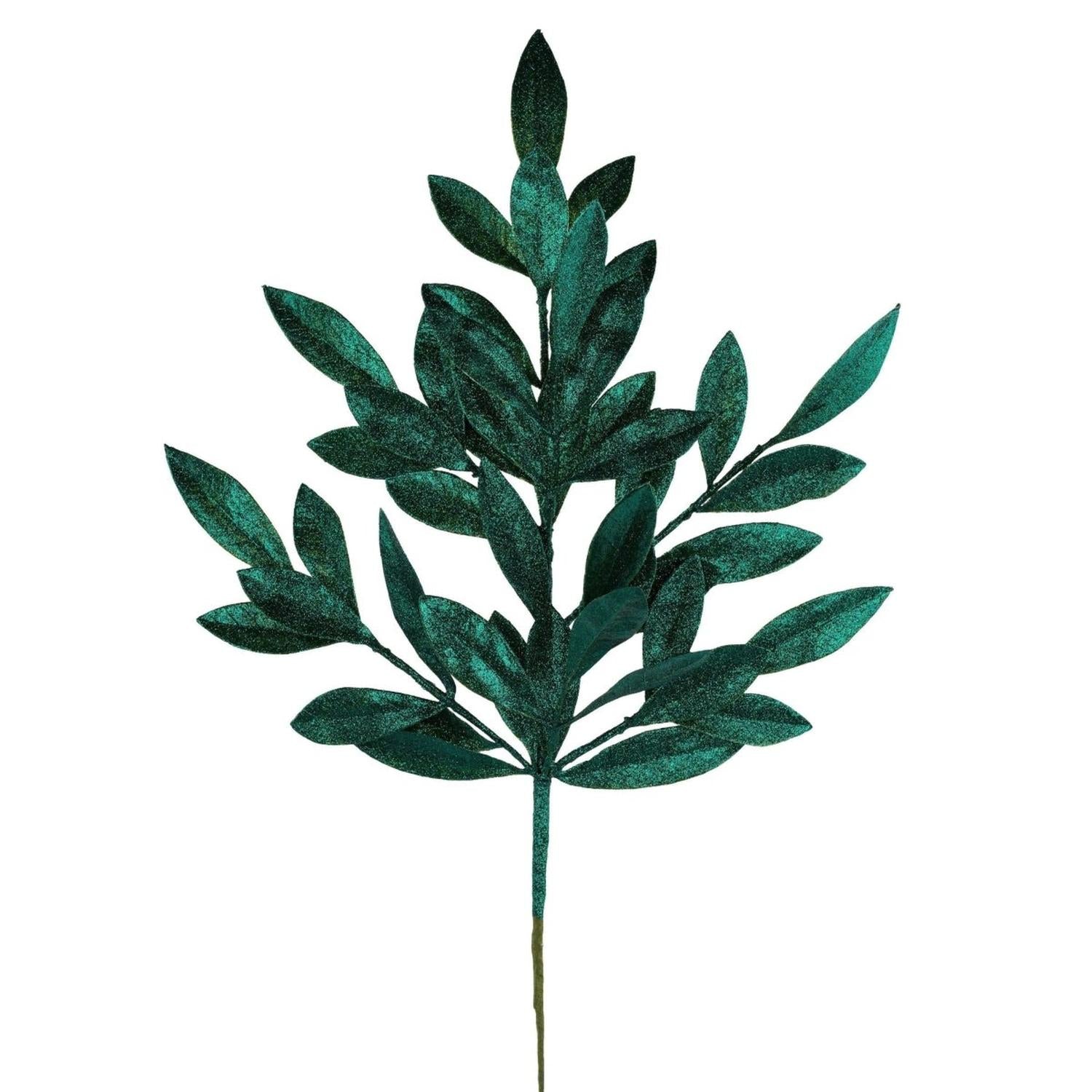 23" Glitter Bay Leaf Spray: Hunter Green