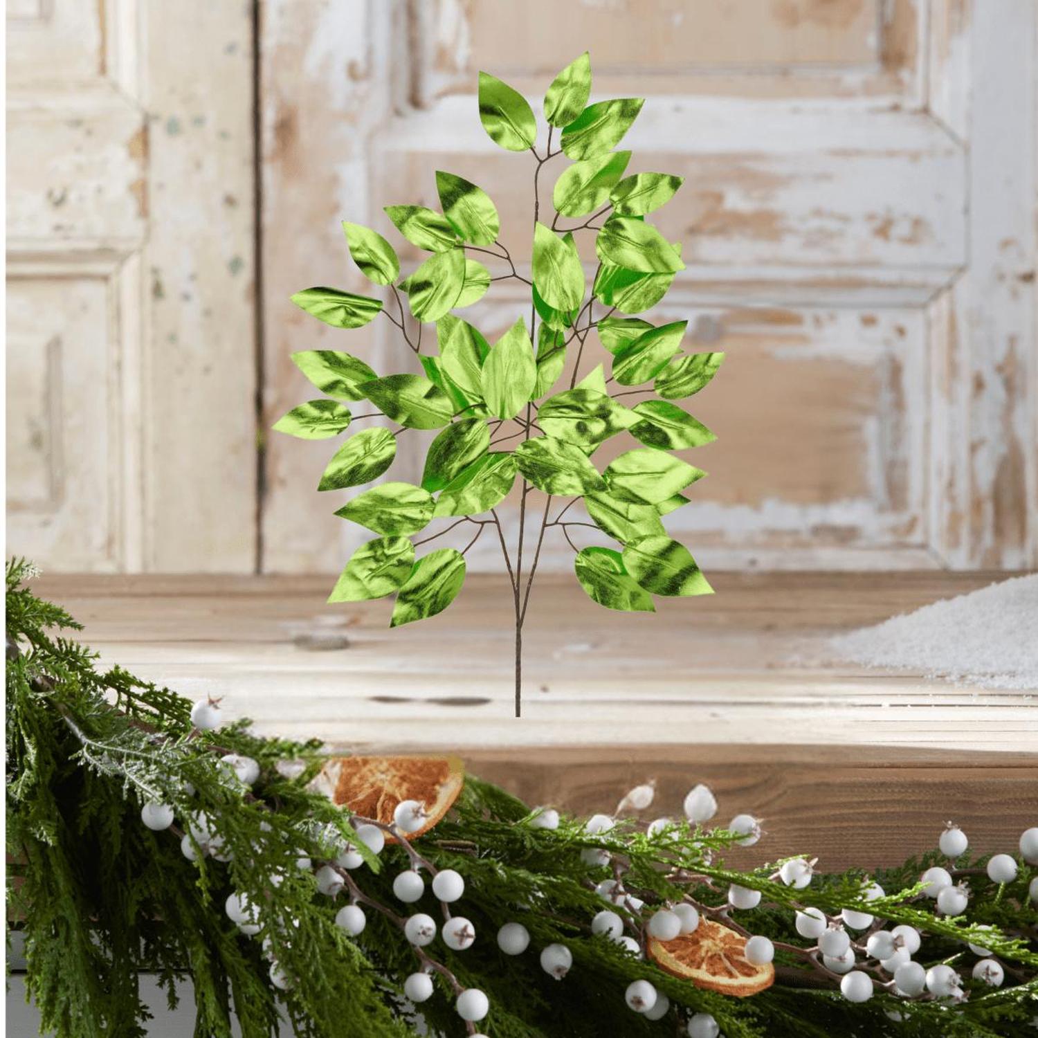 23" Metallic Ficus Leaf Spray: Lime Green (Set of 12)