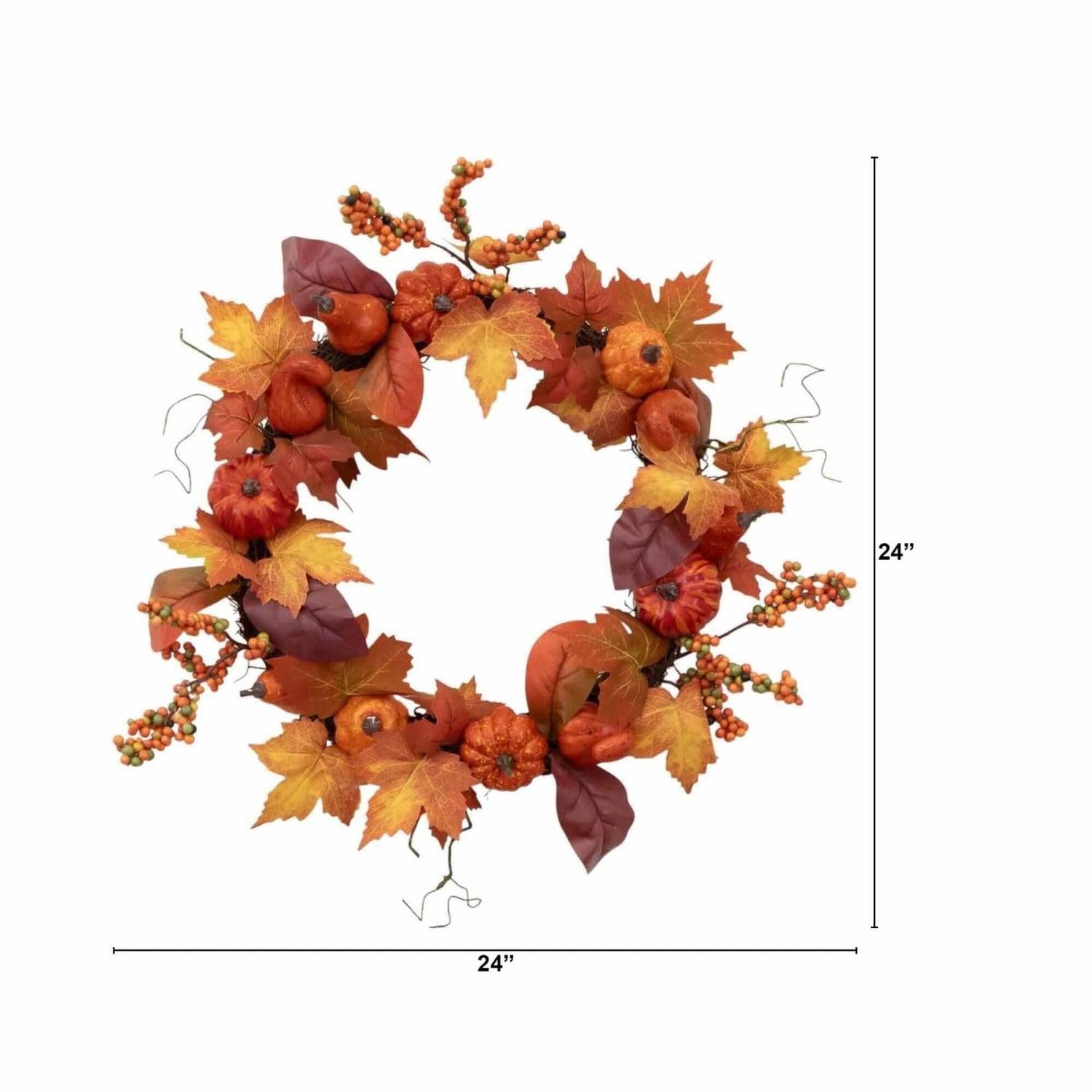 24” Autumn Maple Leaves, Pumpkin, Pinecone and Berries Artificial Fall Wreath