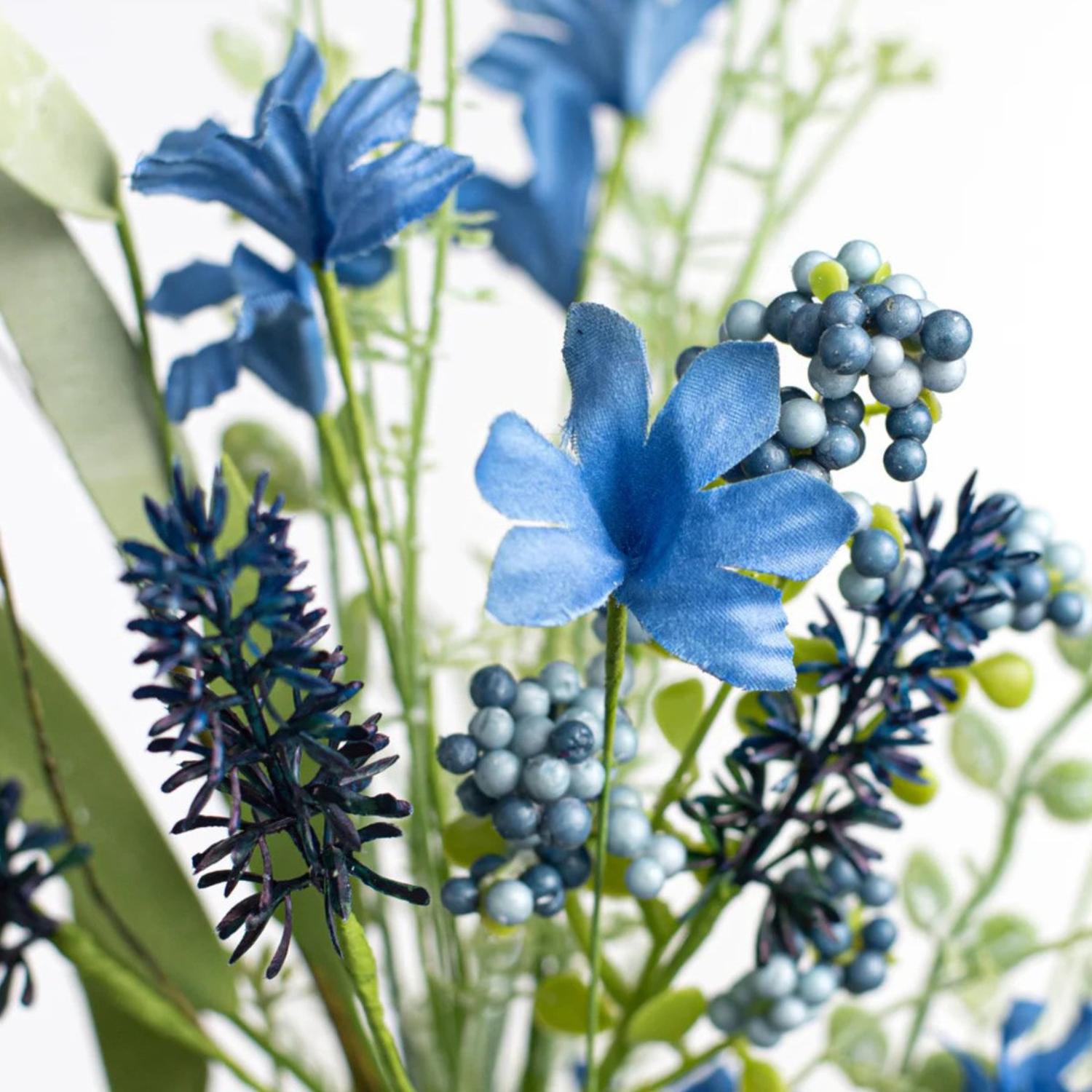 24" Fabric Flower, Leaf, Berry Spray: Two Tone Blue