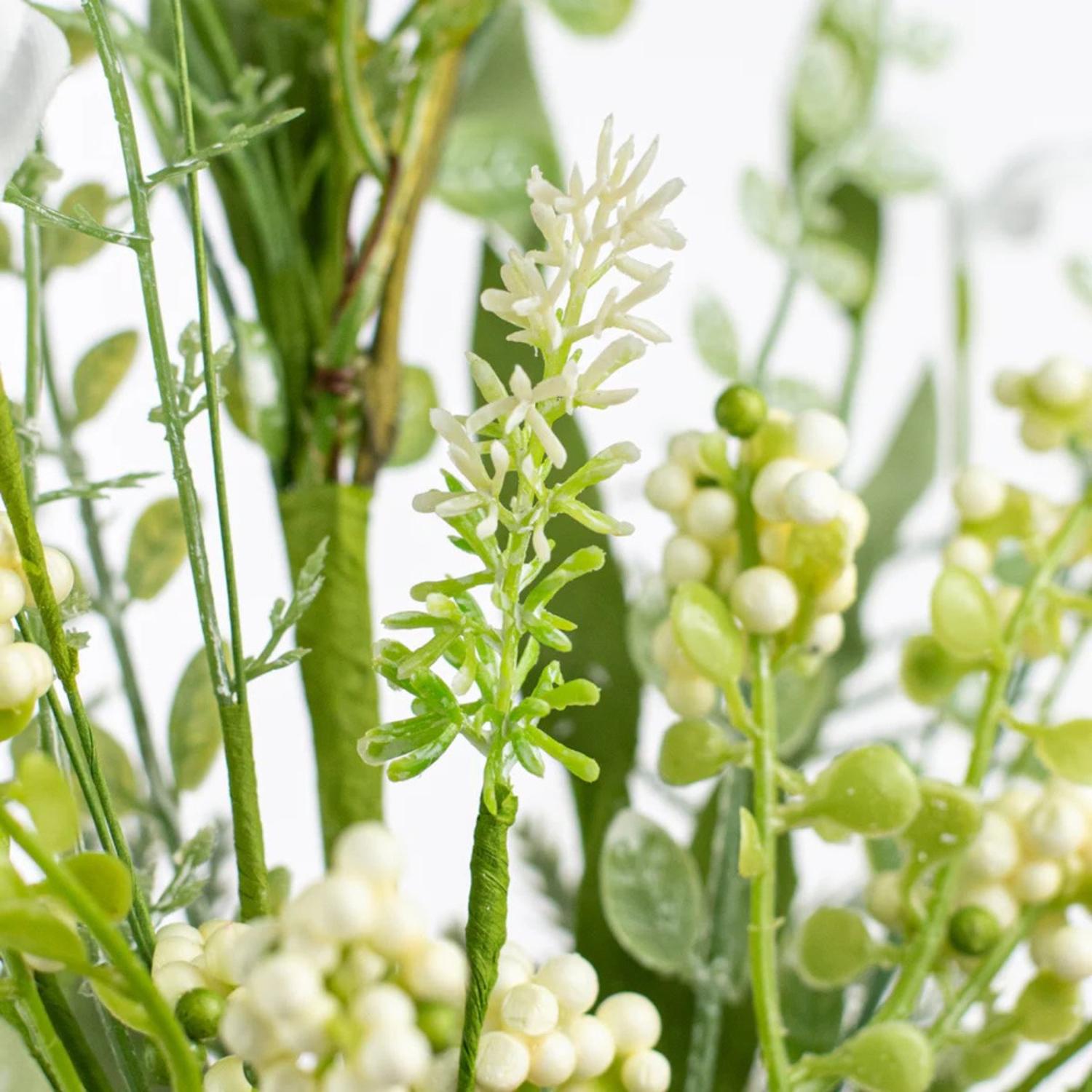 24" Fabric Flower, Leaf, Berry Spray: White