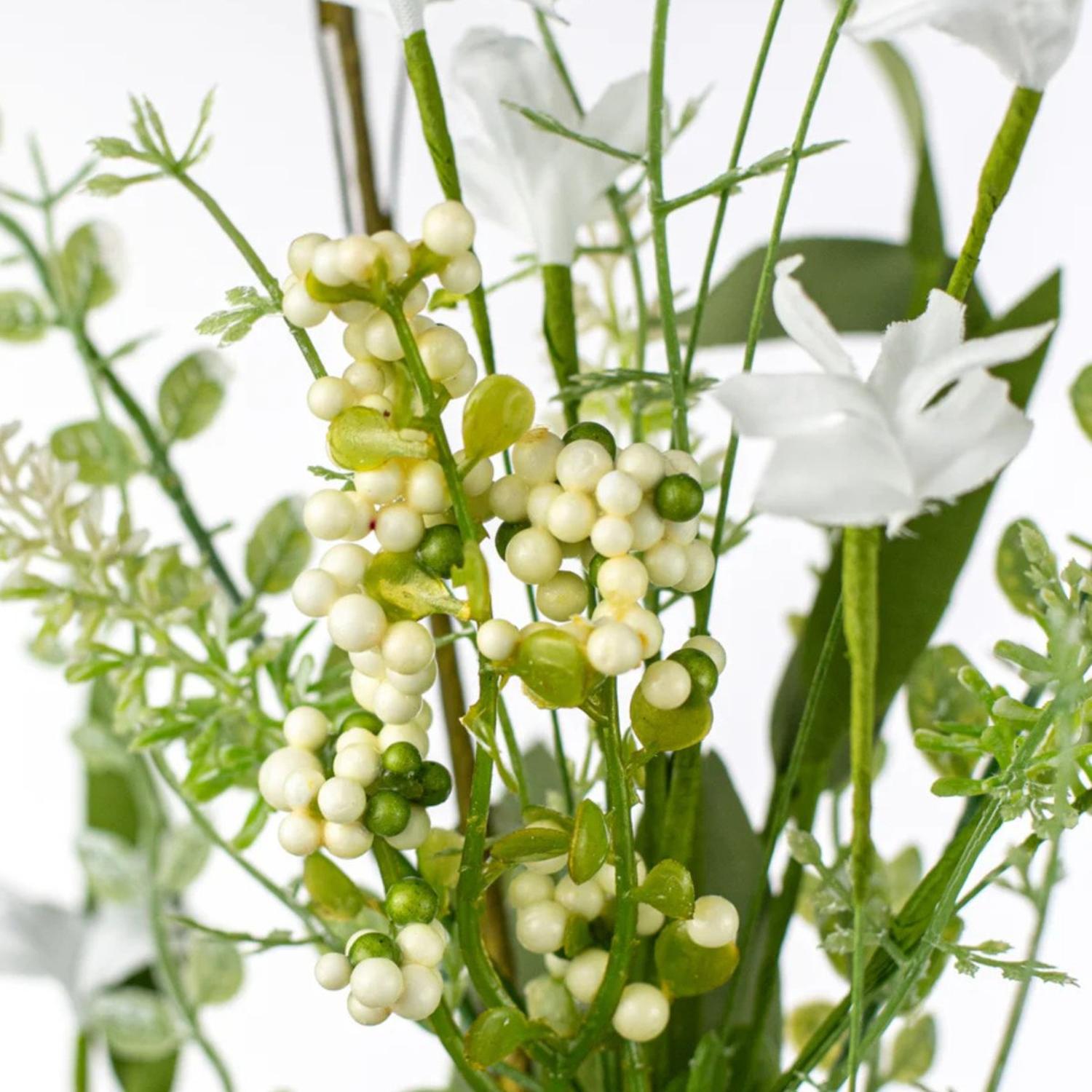 24" Fabric Flower, Leaf, Berry Spray: White