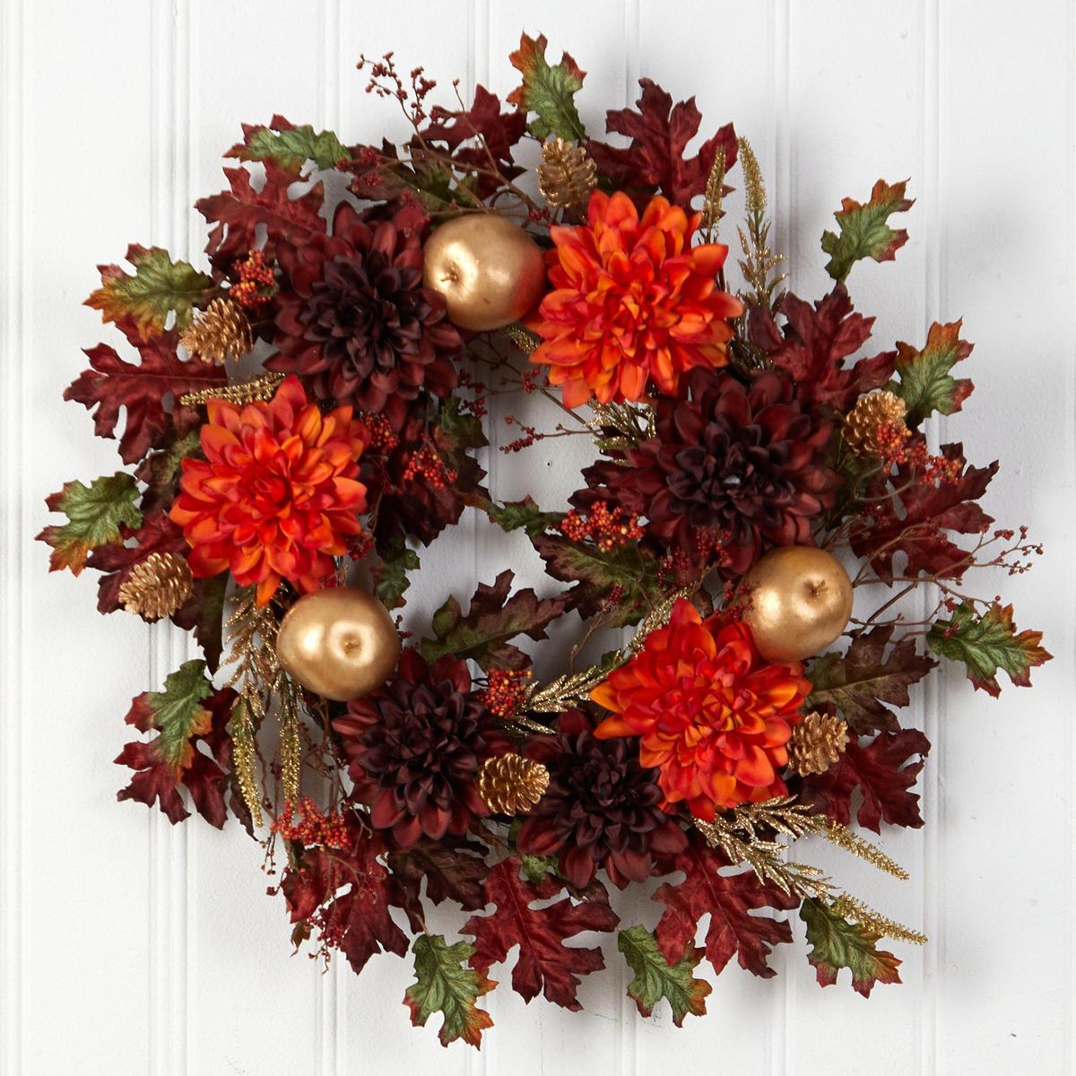 Shop For 24” Fall Dahlia, Golden Apple, Oak Leaf and Berries Wreath