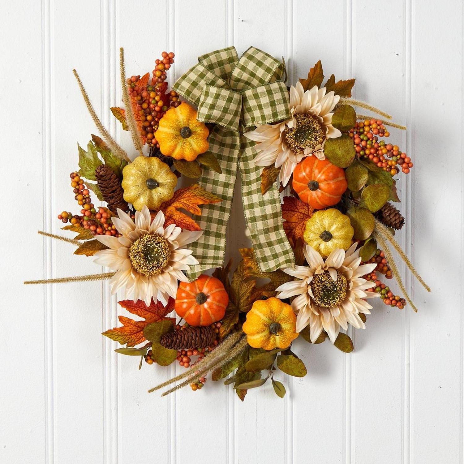 24” Fall Pumpkin, Sunflower Artificial Autumn Wreath with Decorative Ribbon