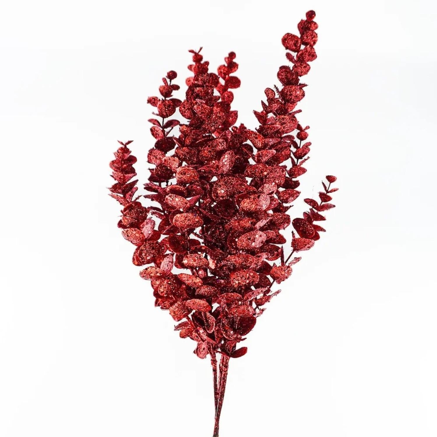 24" Glitter Eucalyptus Leaf Spray: Red