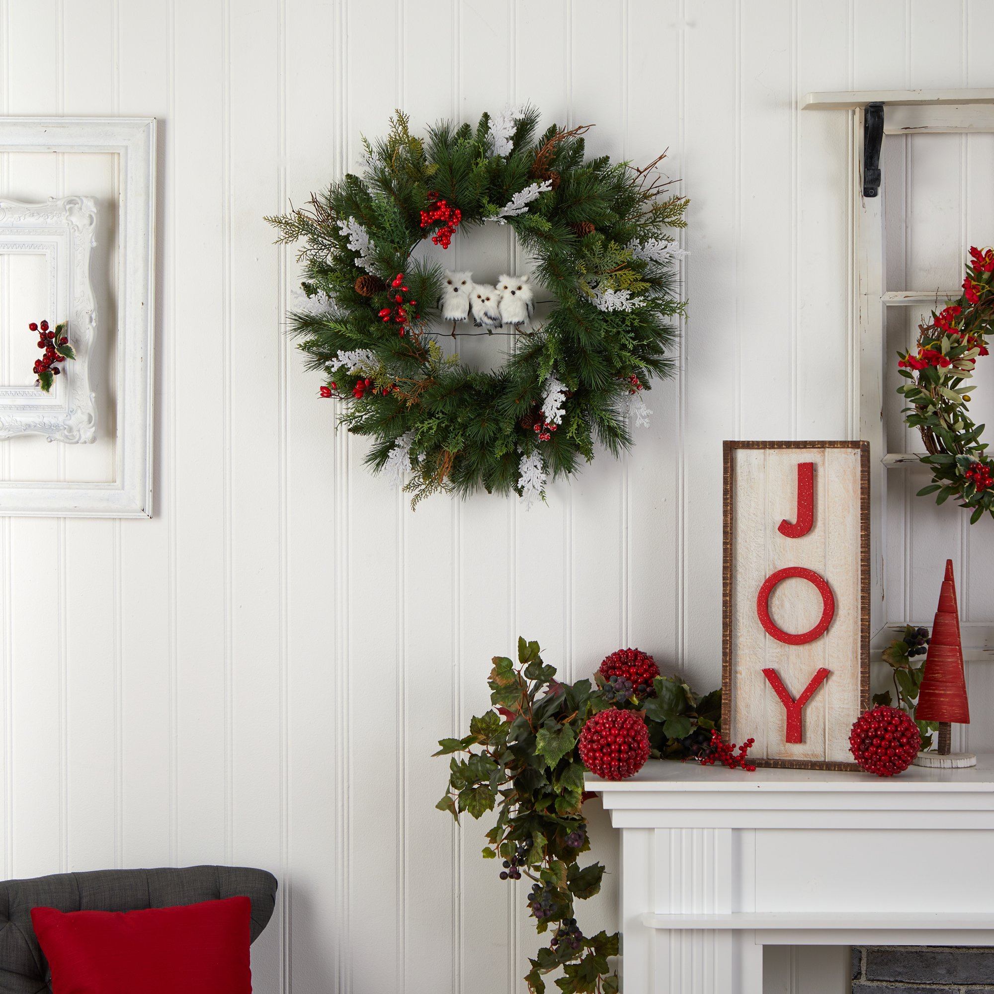 Shop For 24” Holiday Winter Owl Family Pinecone Berry Christmas Artificial Wreath