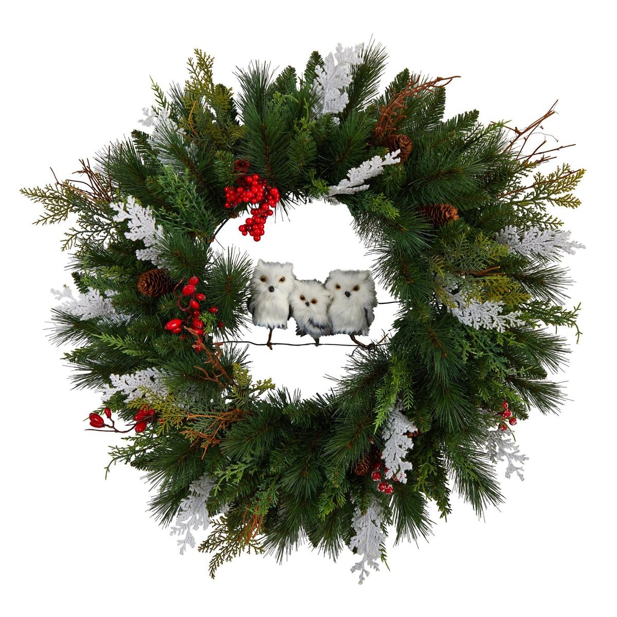 Shop For 24” Holiday Winter Owl Family Pinecone Berry Christmas Artificial Wreath