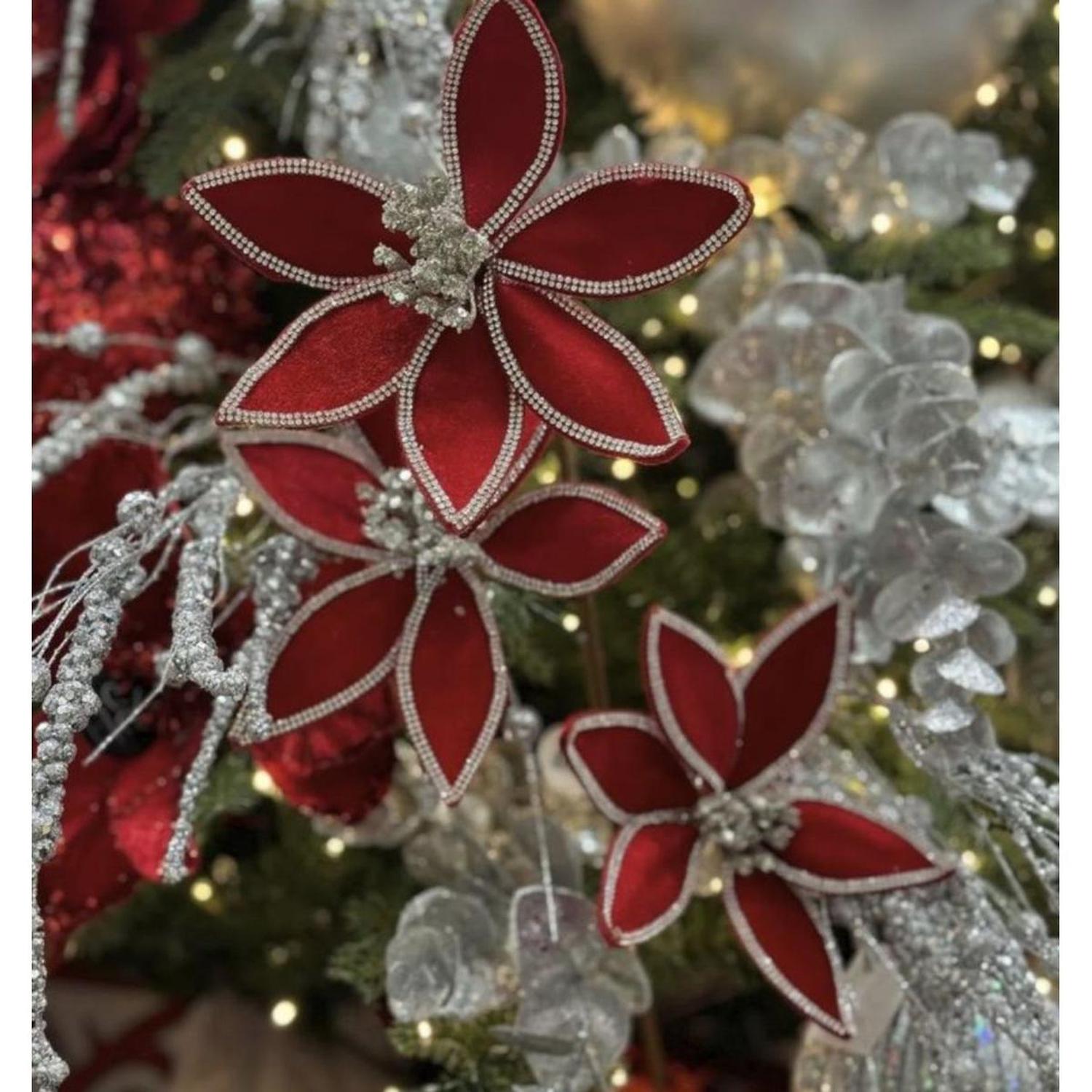 24" Triple Velvet Jewel Poinsettia Stem: Red