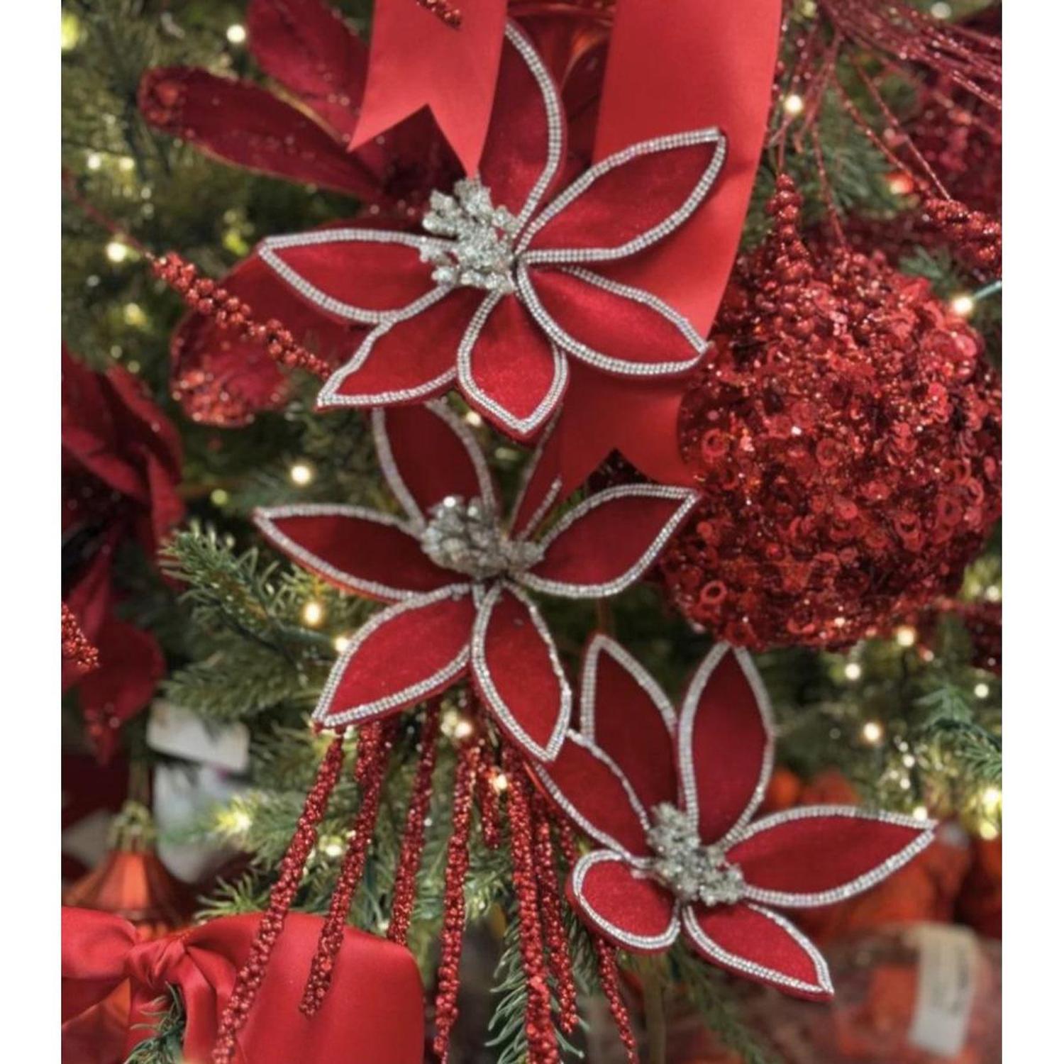 24" Triple Velvet Jewel Poinsettia Stem: Red