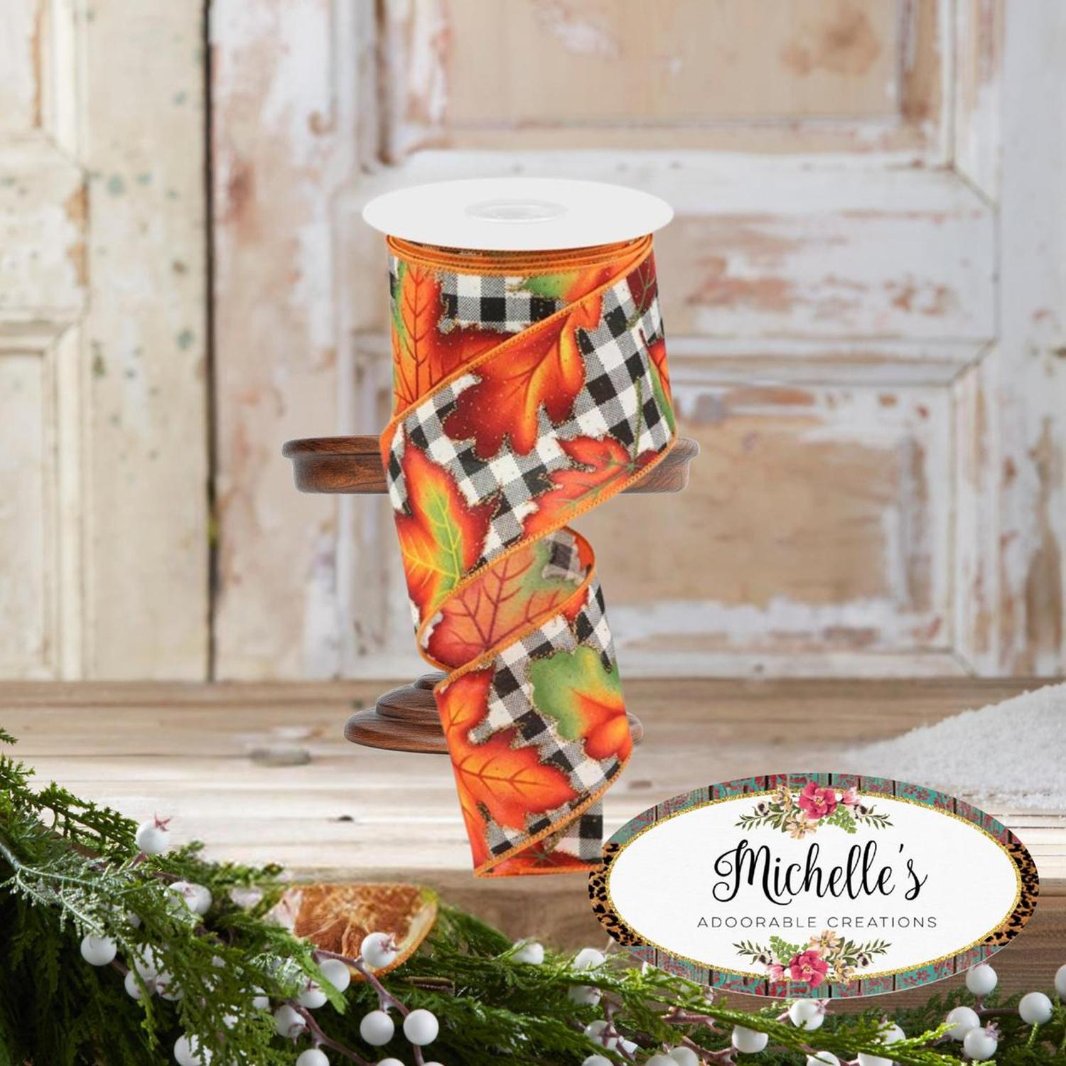 2.5" Autumn Leaves Check Ribbon: White/Black (10 Yards)
