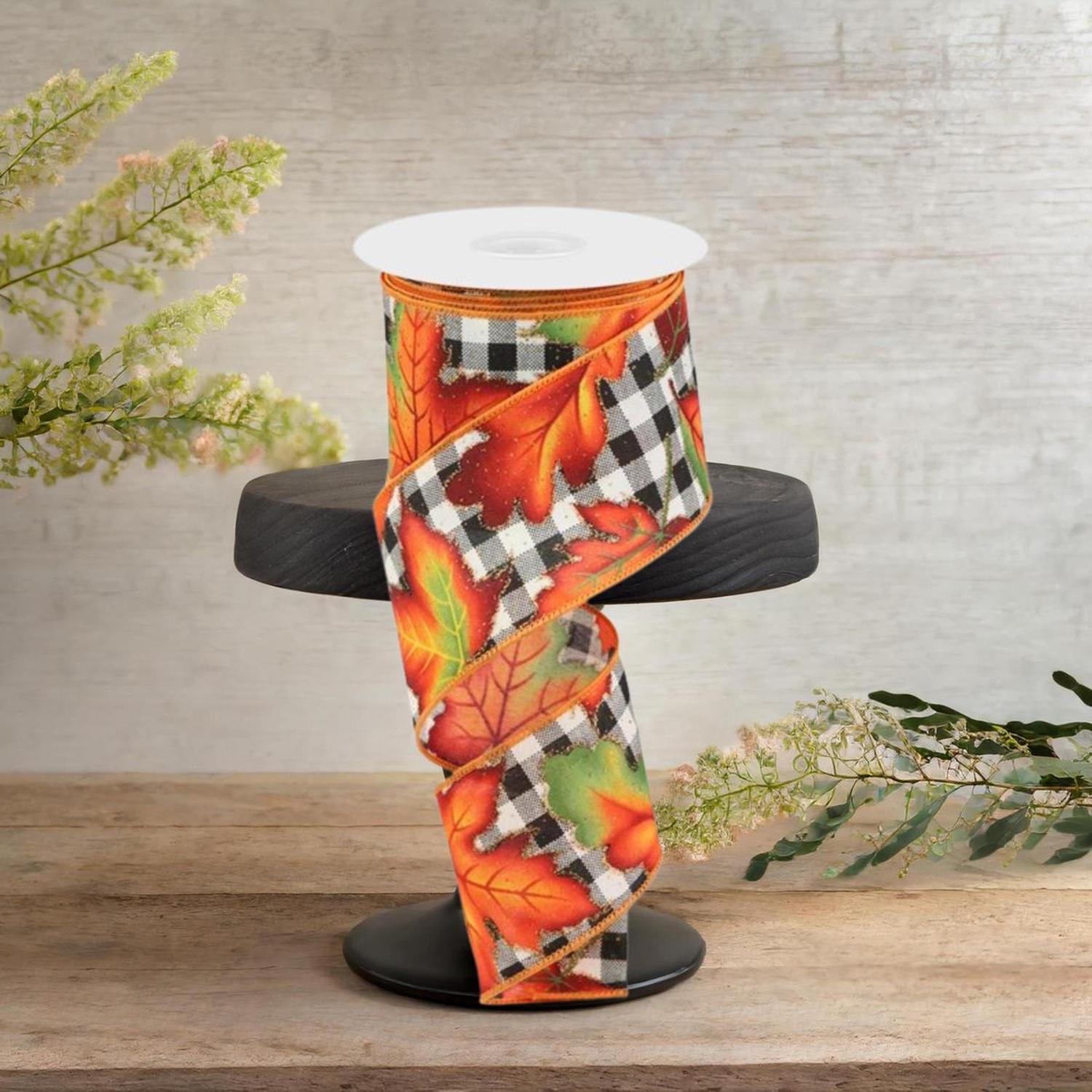2.5" Autumn Leaves Check Ribbon: White/Black (10 Yards)