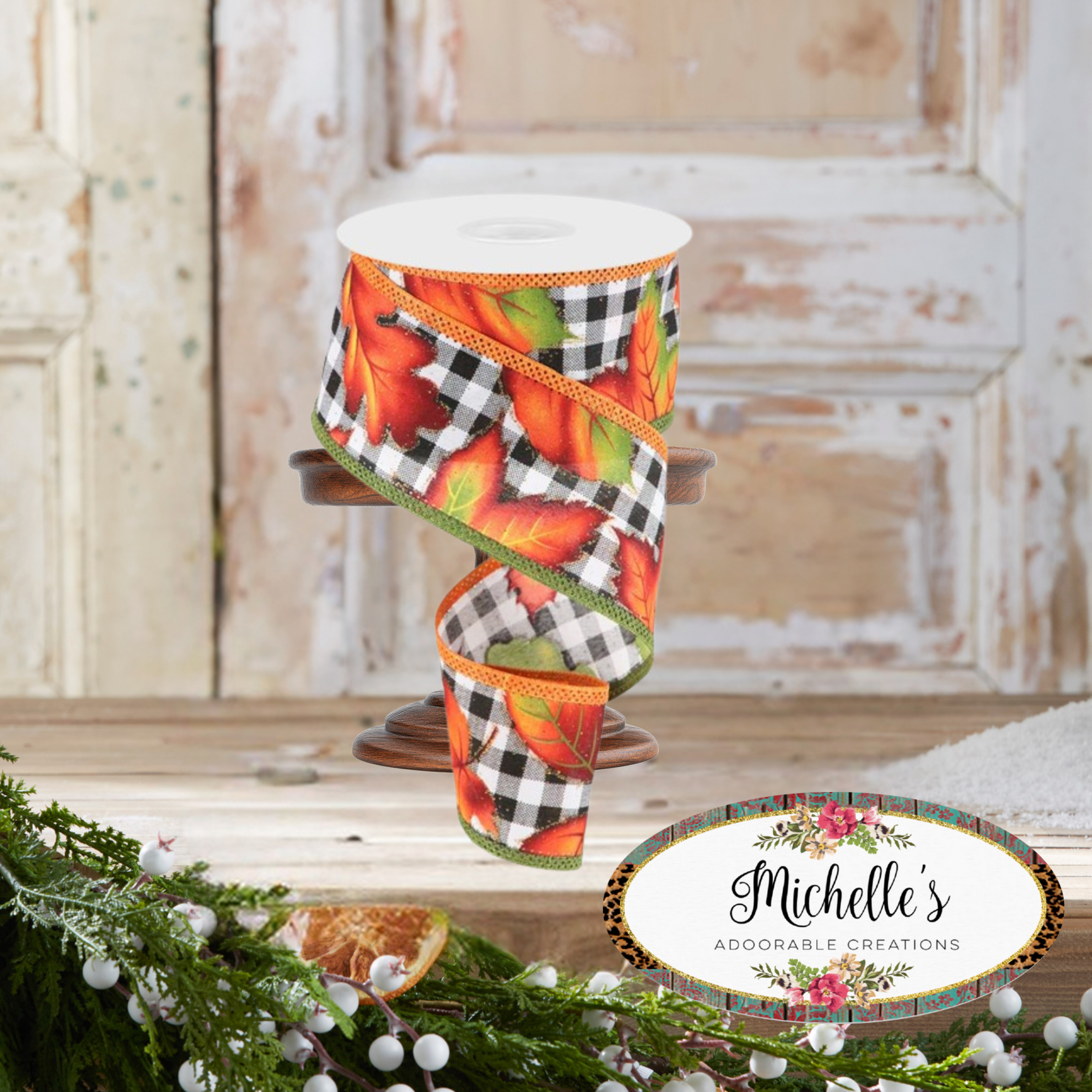 Shop For 2.5" Autumn Leaves on Check Ribbon: White (10 Yards)