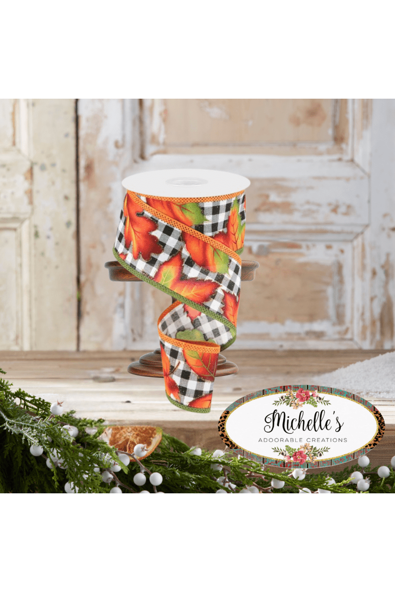 Shop For 2.5" Autumn Leaves on Check Ribbon: White (10 Yards)