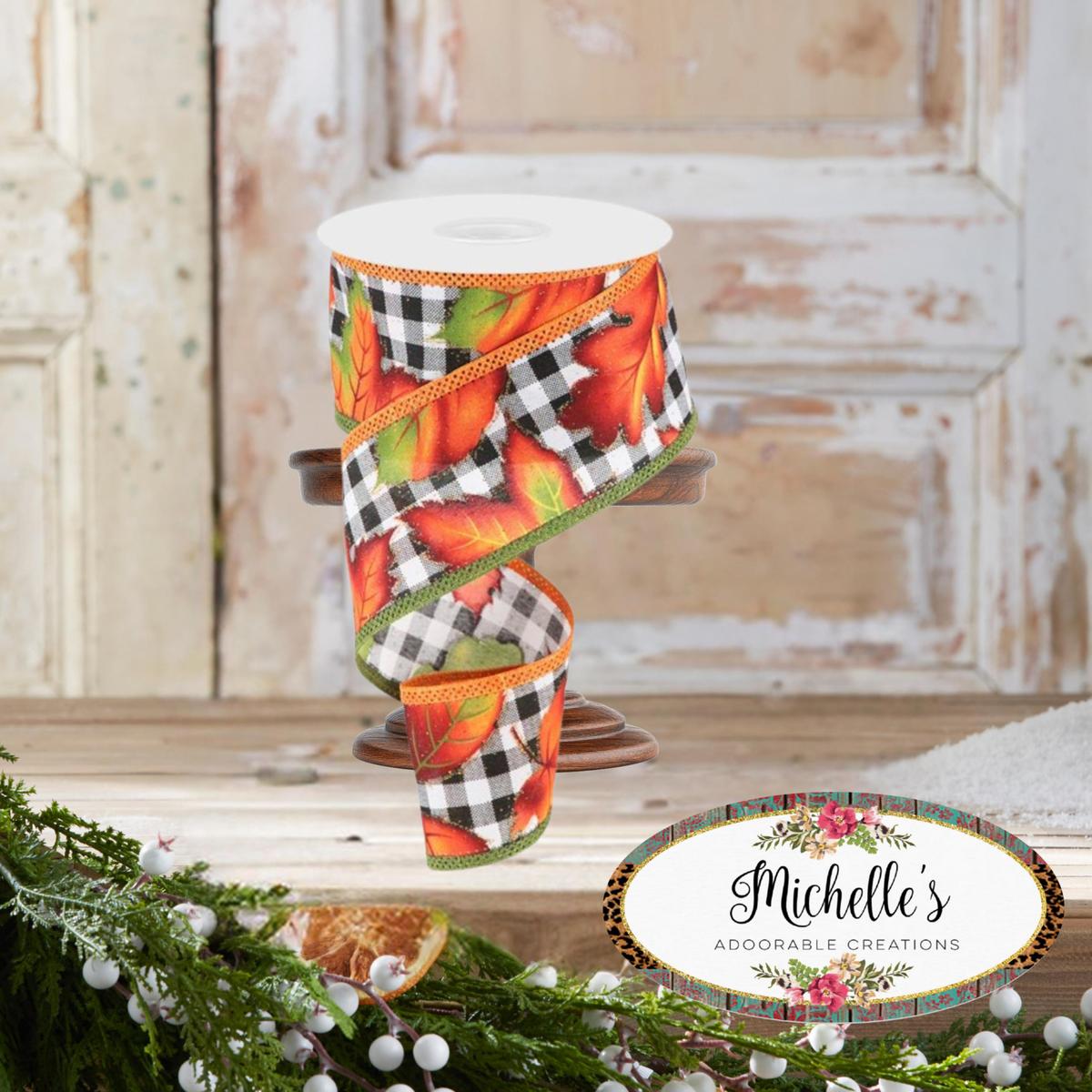 Shop For 2.5" Autumn Leaves on Check Ribbon: White (10 Yards)