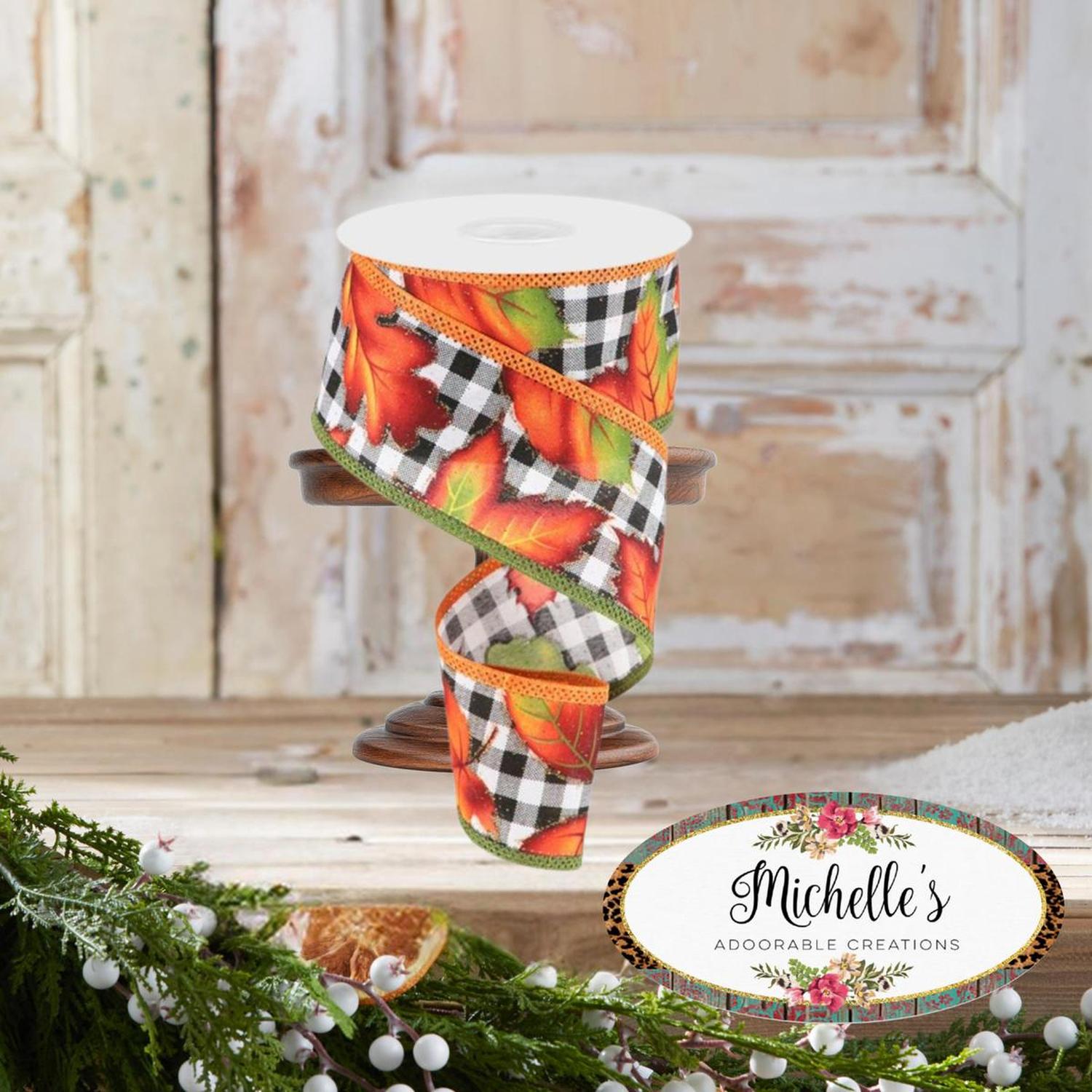 2.5" Autumn Leaves on Check Ribbon: White (10 Yards)