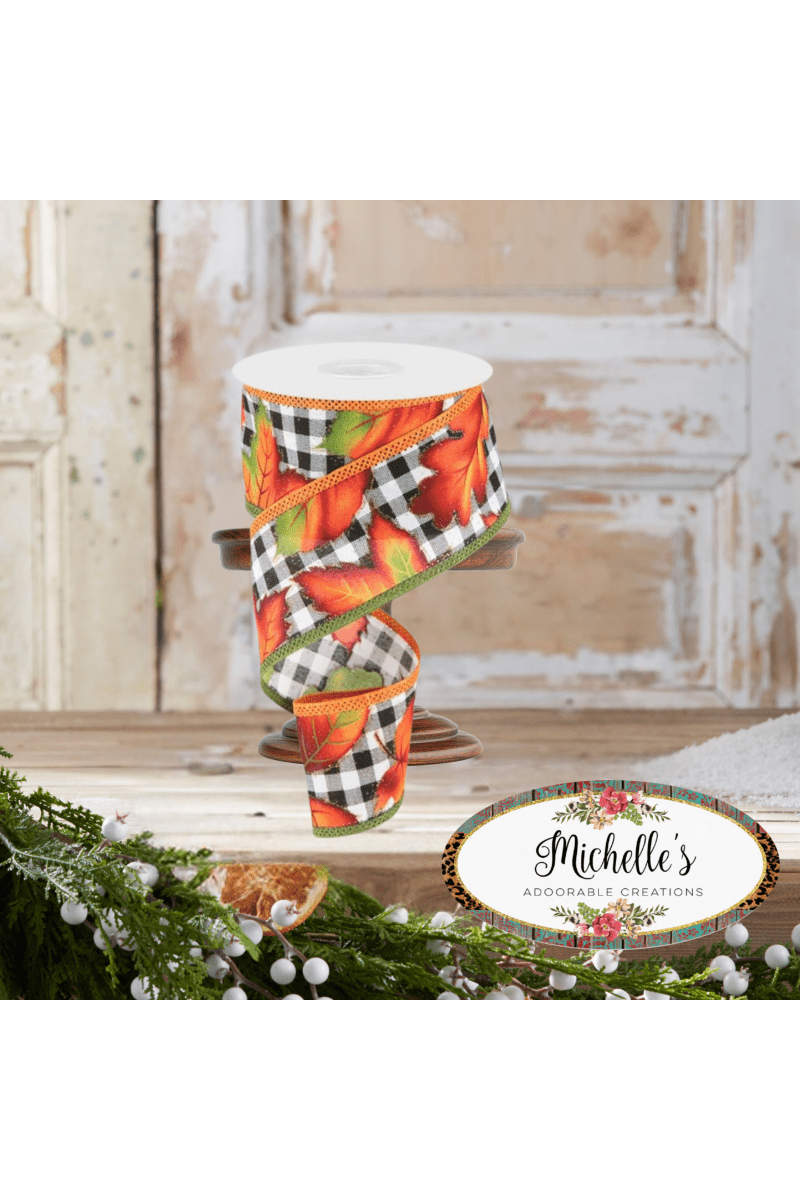 Shop For 2.5" Autumn Leaves on Check Ribbon: White (10 Yards)