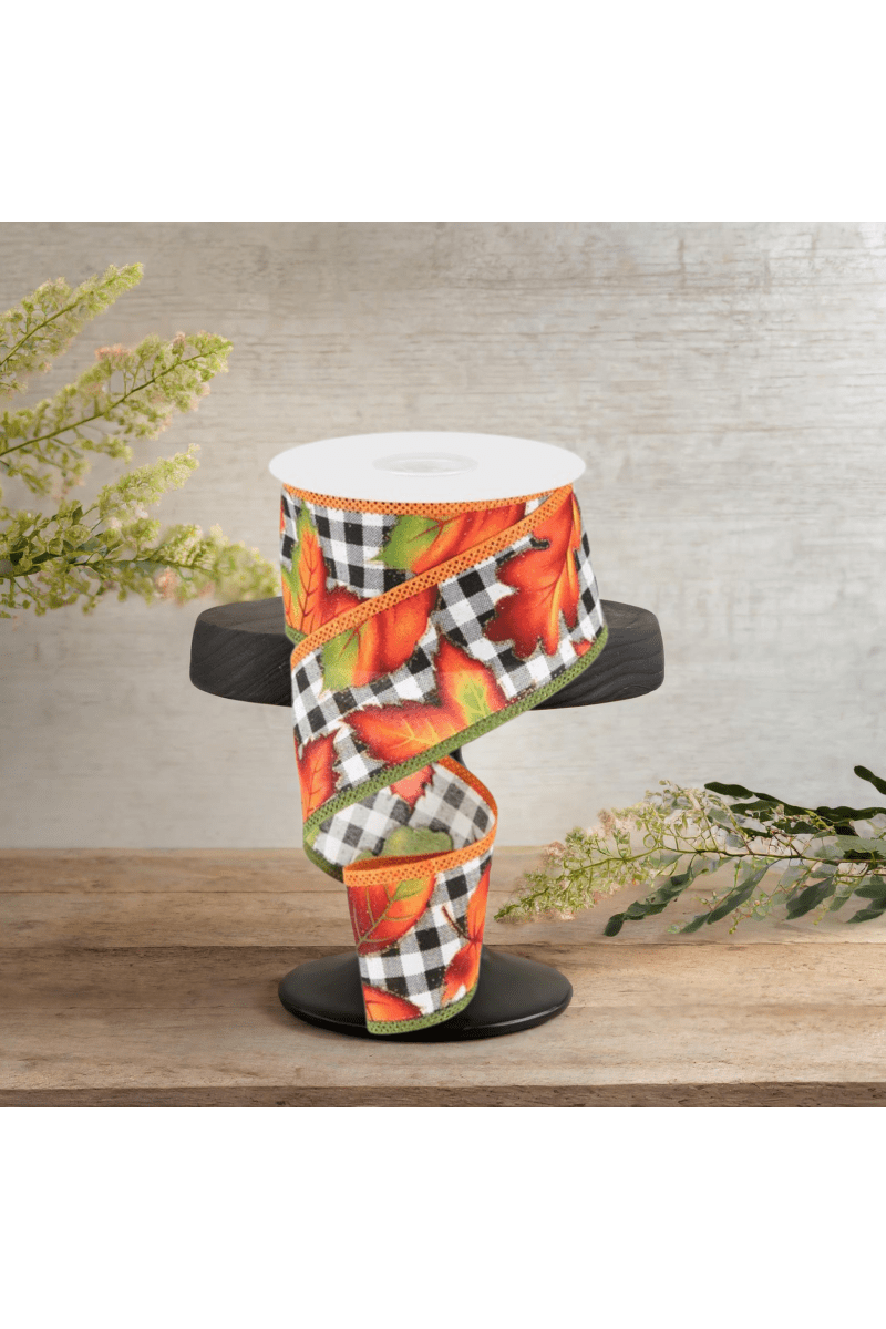 Shop For 2.5" Autumn Leaves on Check Ribbon: White (10 Yards)