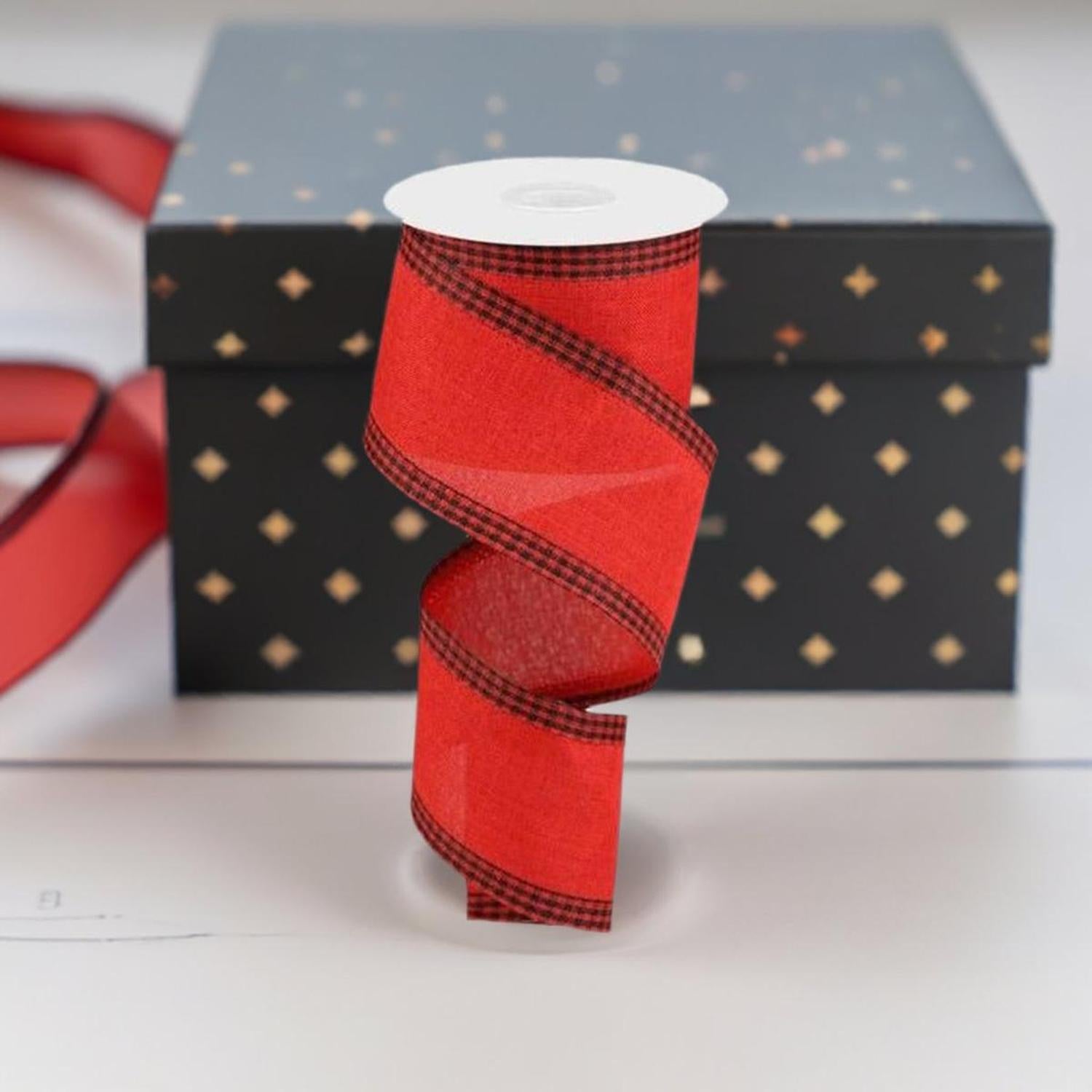 2.5" Black Gingham Edge Ribbon: Red (10 Yards)