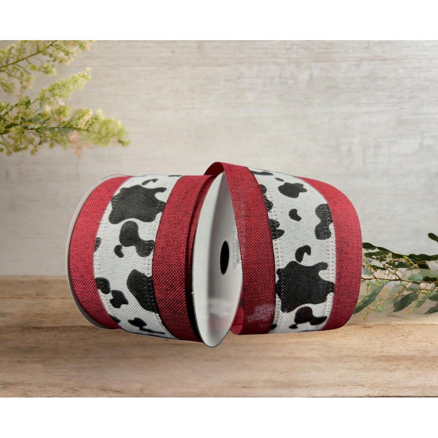 2.5" Black Linen Cow Print Ribbon: Dark Red (10 Yards)
