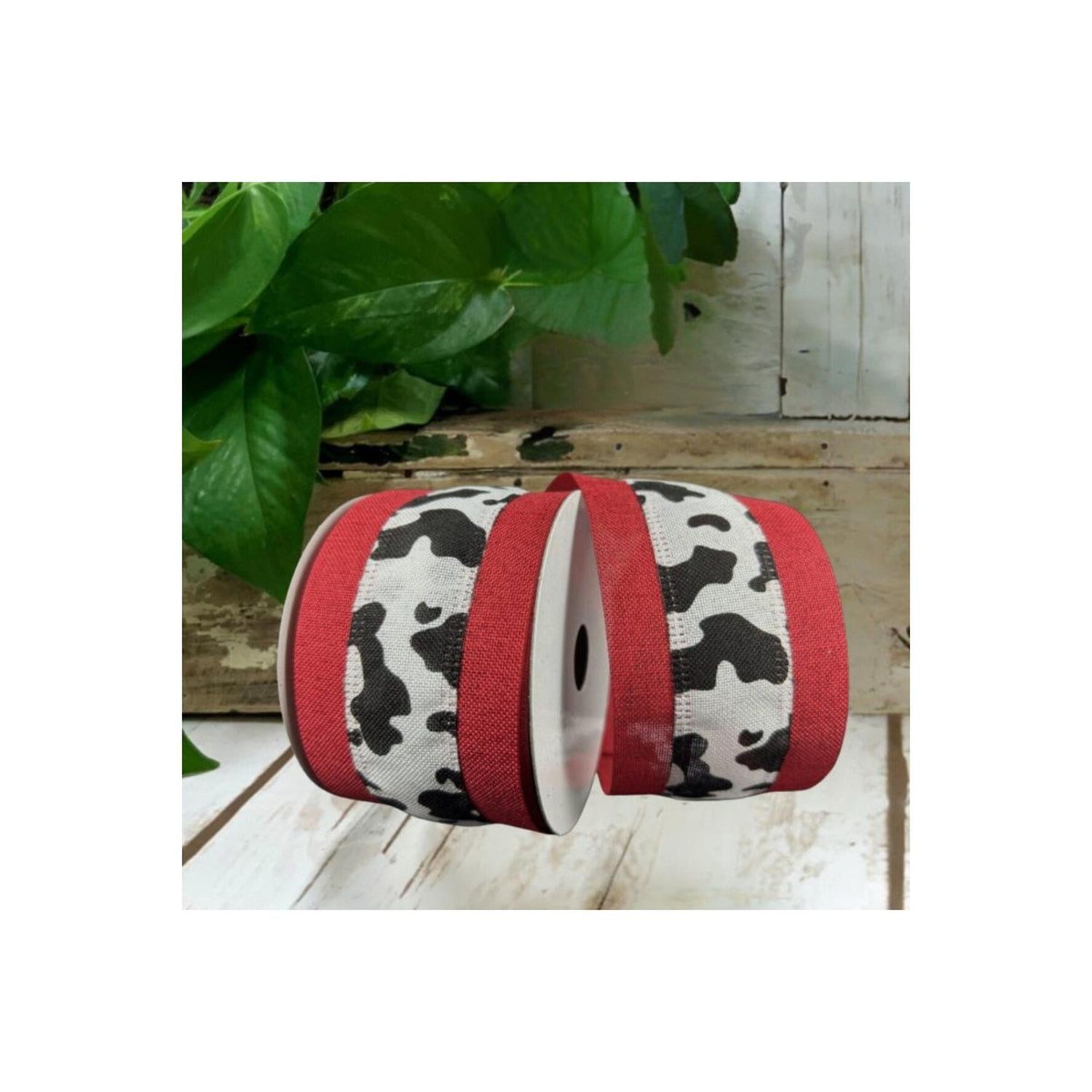 2.5" Black Linen Cow Print Ribbon: Red (10 Yards)