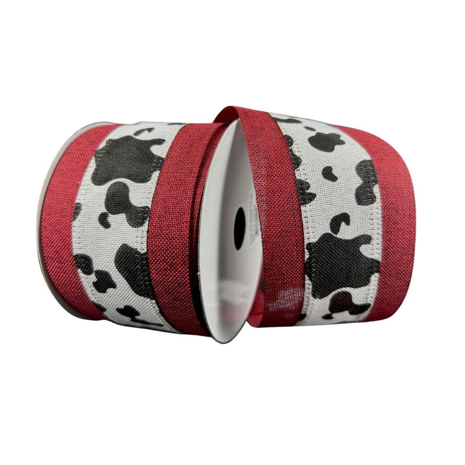 2.5" Black Linen Cow Print Ribbon: Dark Red (10 Yards)