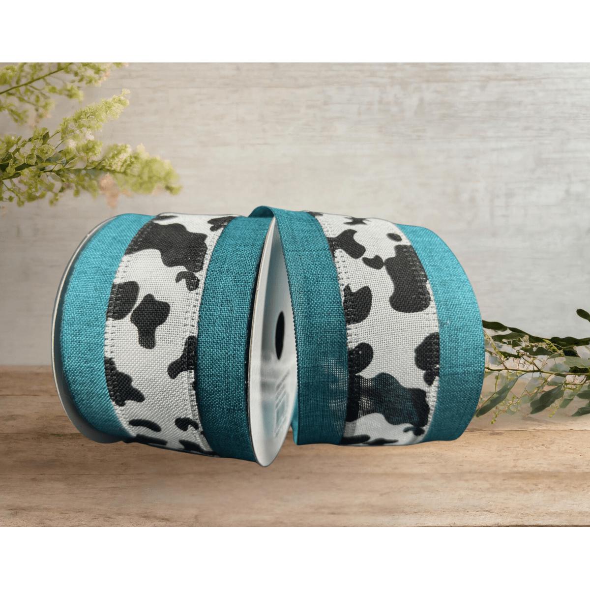 Shop For 2.5" Black Linen Cow Print Ribbon: Teal (10 Yards)