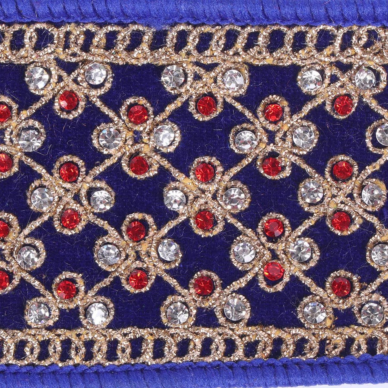 2.5" Blue Velvet Gold Trim Red Jewel Ribbon (5 Yards)