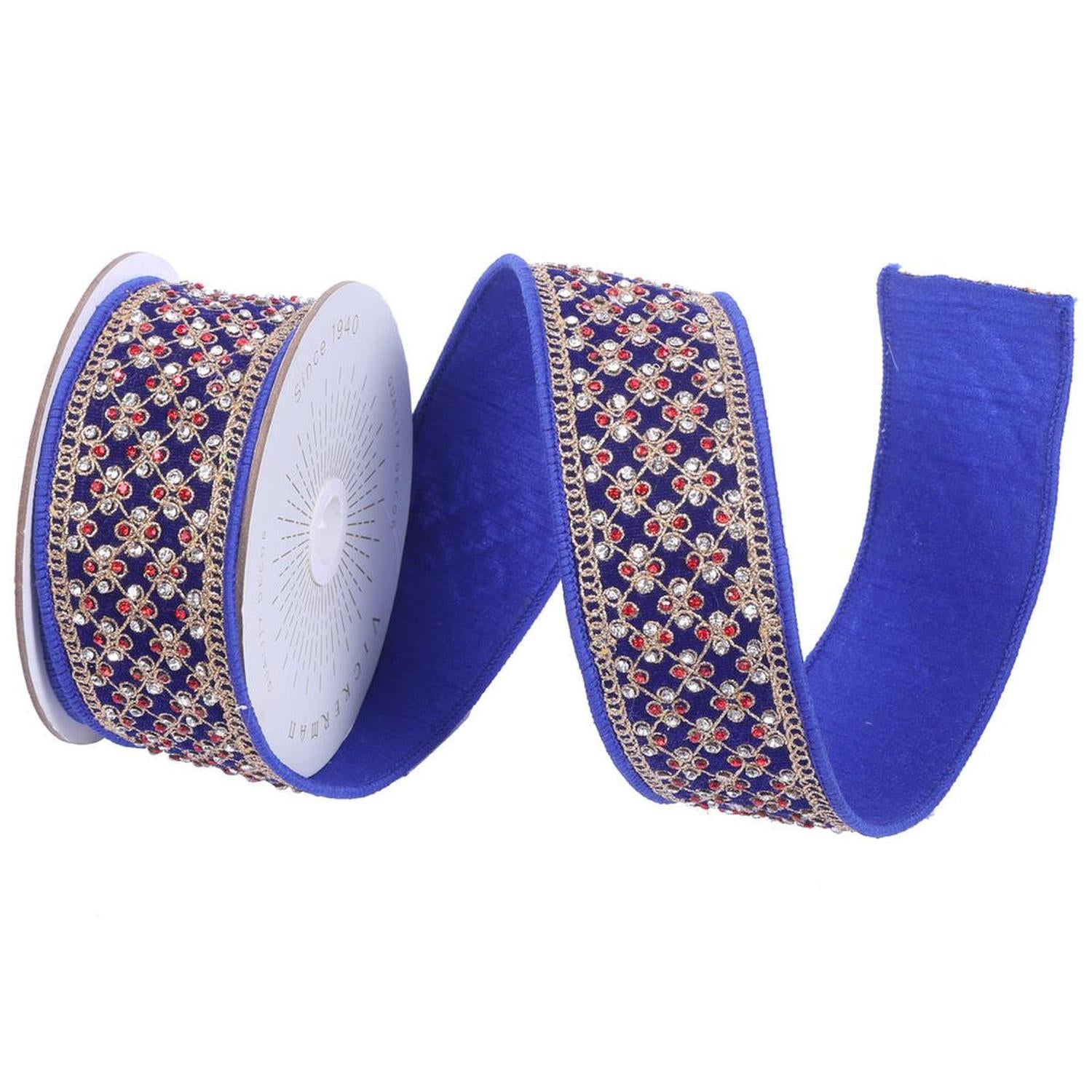Shop For 2.5" Blue Velvet Gold Trim Red Jewel Ribbon (5 Yards)