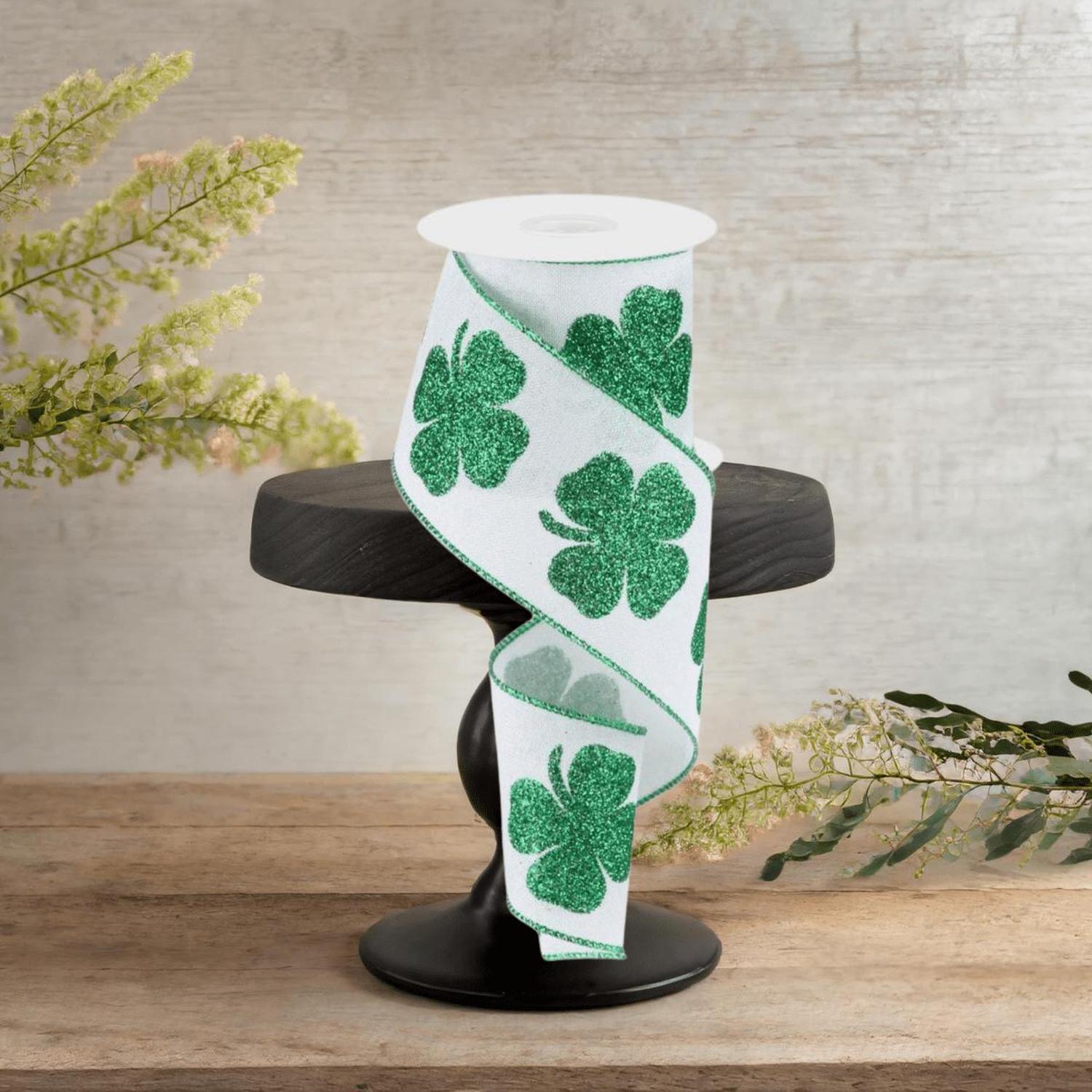 2.5" Bold Glitter Clover Ribbon: White/Green (10 Yards)