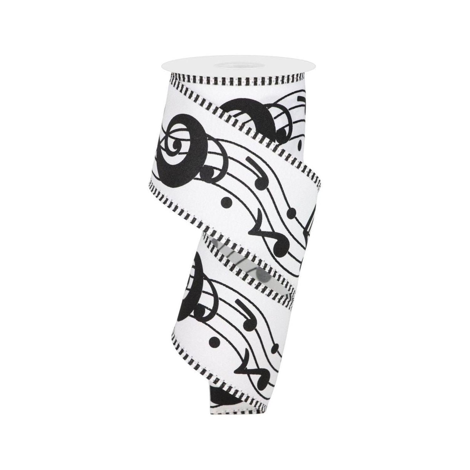 2.5" Bold Music Notes Ribbon: White (10 Yards)