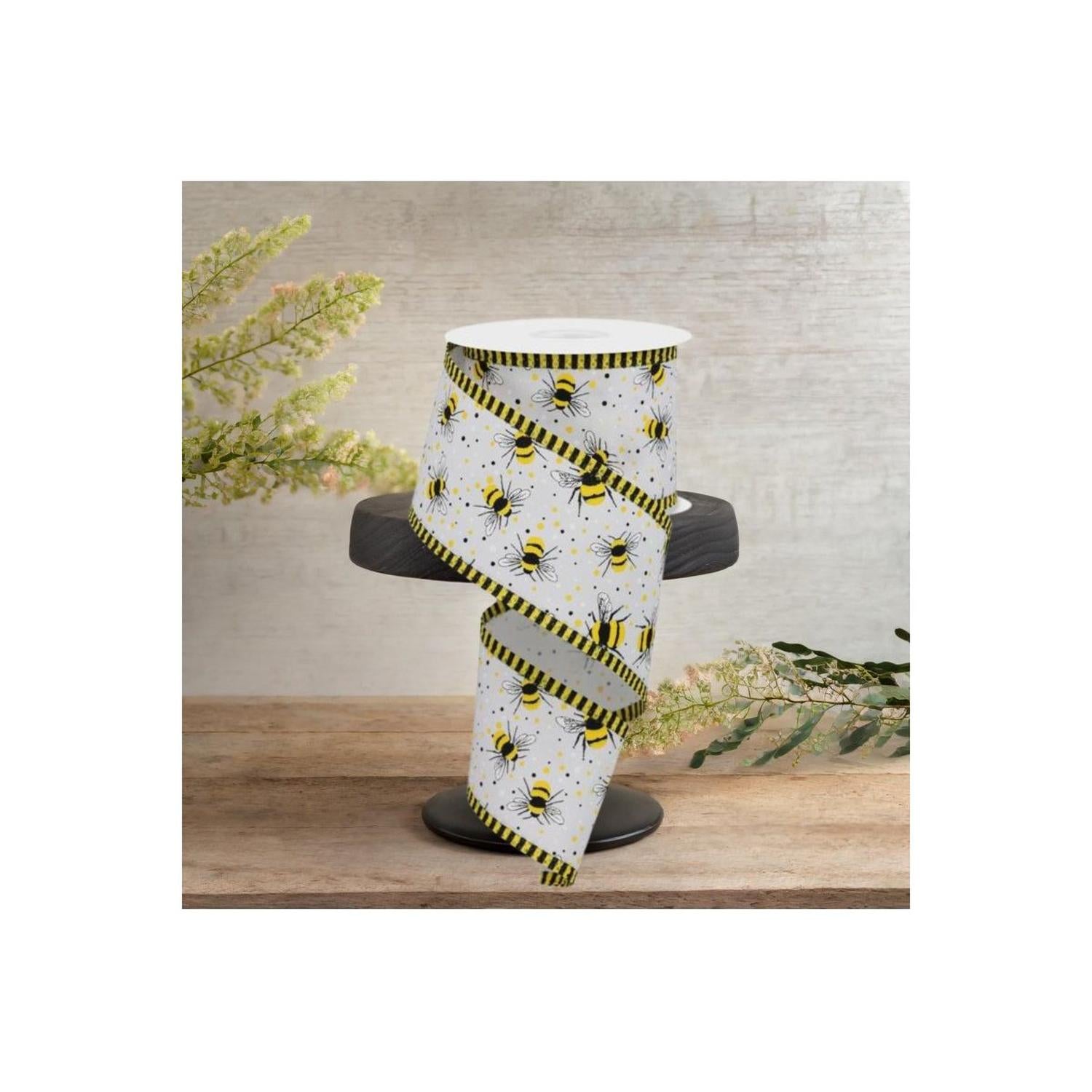 2.5" Bumble Bee Stripe Edge Ribbon: White (10 Yards)