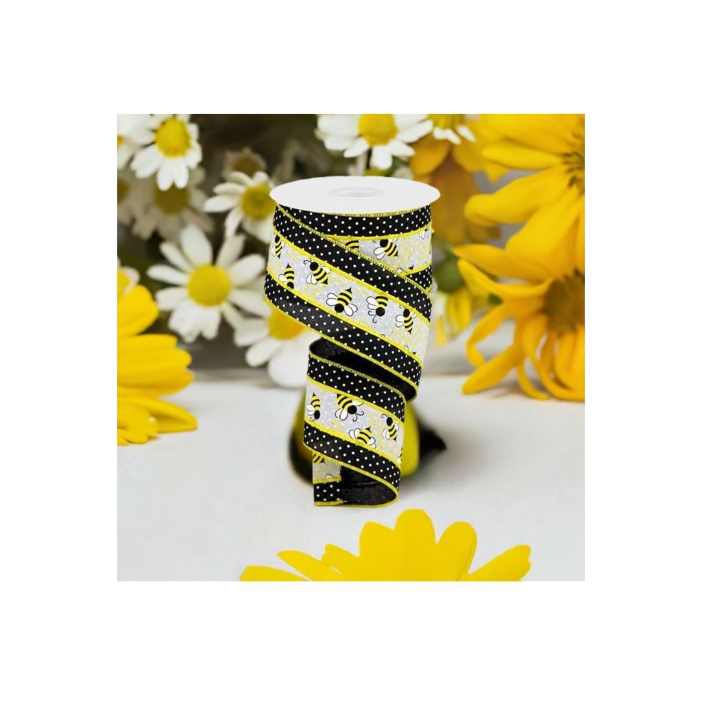 Shop For 2.5" Bumblebees Swiss Dot Ribbon: Black & White (10 Yards) at Michelle's aDOORable Creations