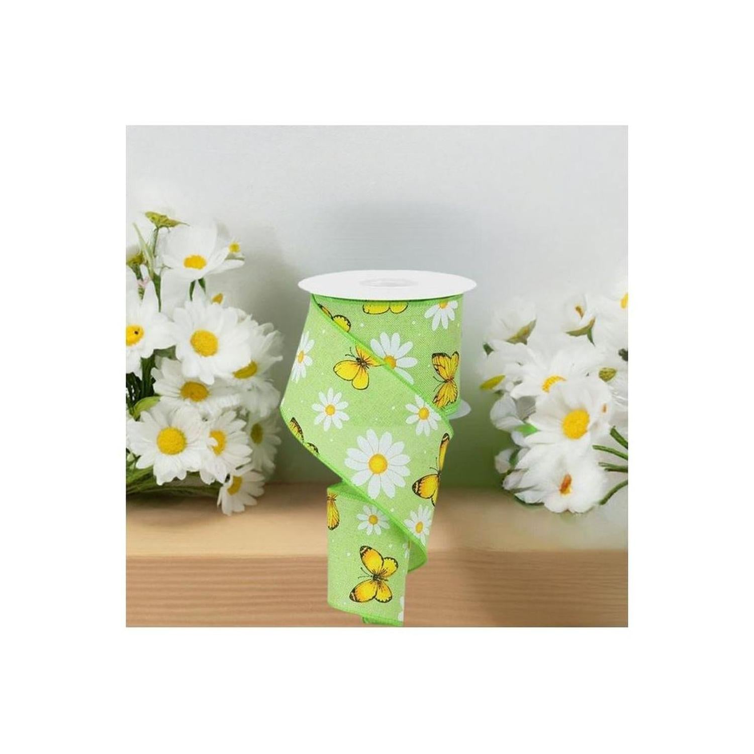 2.5" Butterfly Daisy on Royal Ribbon: Bright Green (10 Yards)